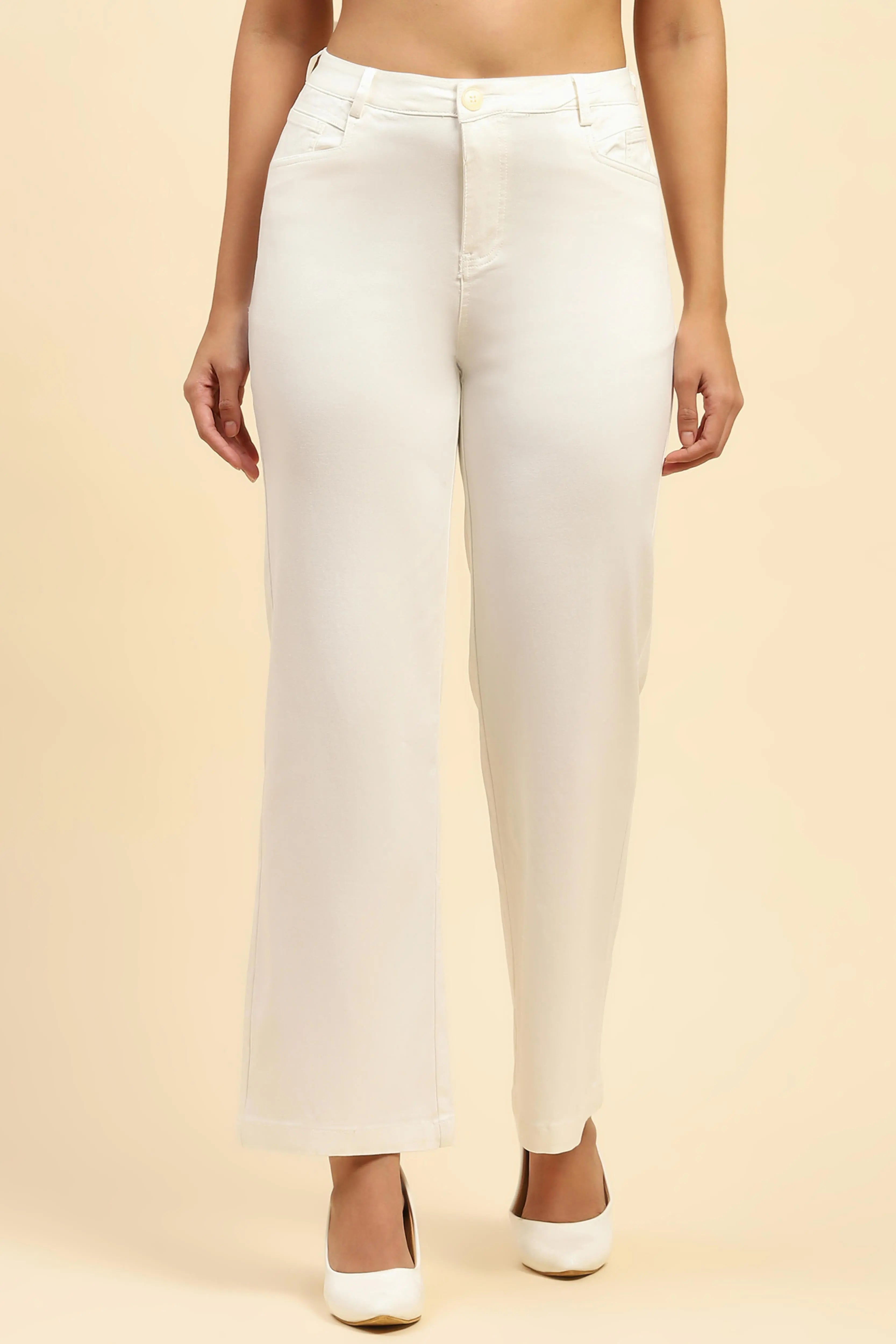 White Stretchable Loose Fit Trouser - Global Republic