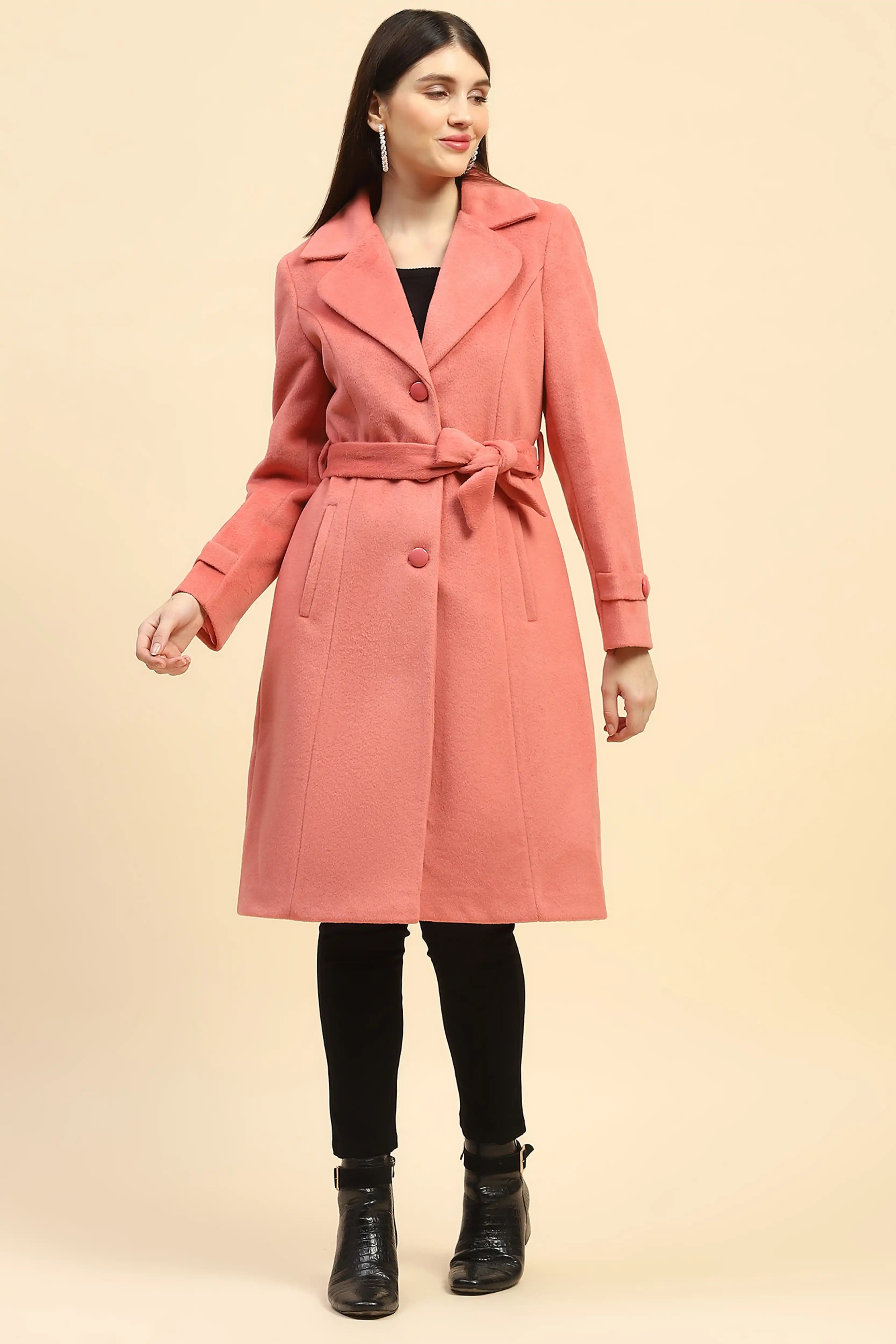 Hot Coral Solid Long Coat