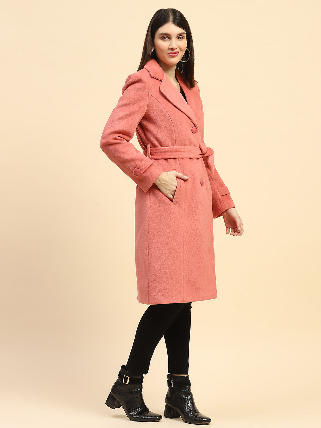 Hot Coral Solid  Long Coat - Global Republic