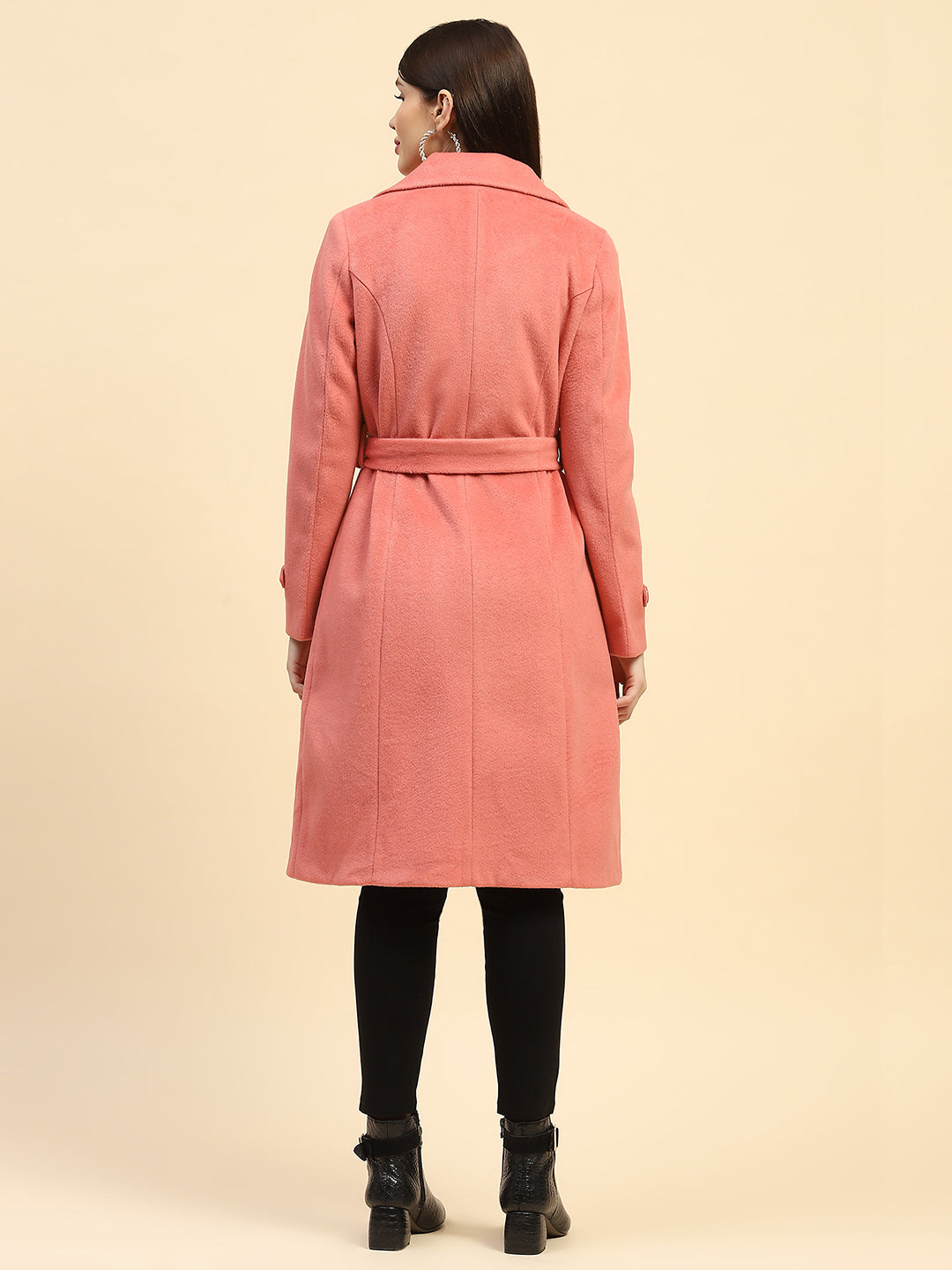 Hot Coral Solid  Long Coat - Global Republic