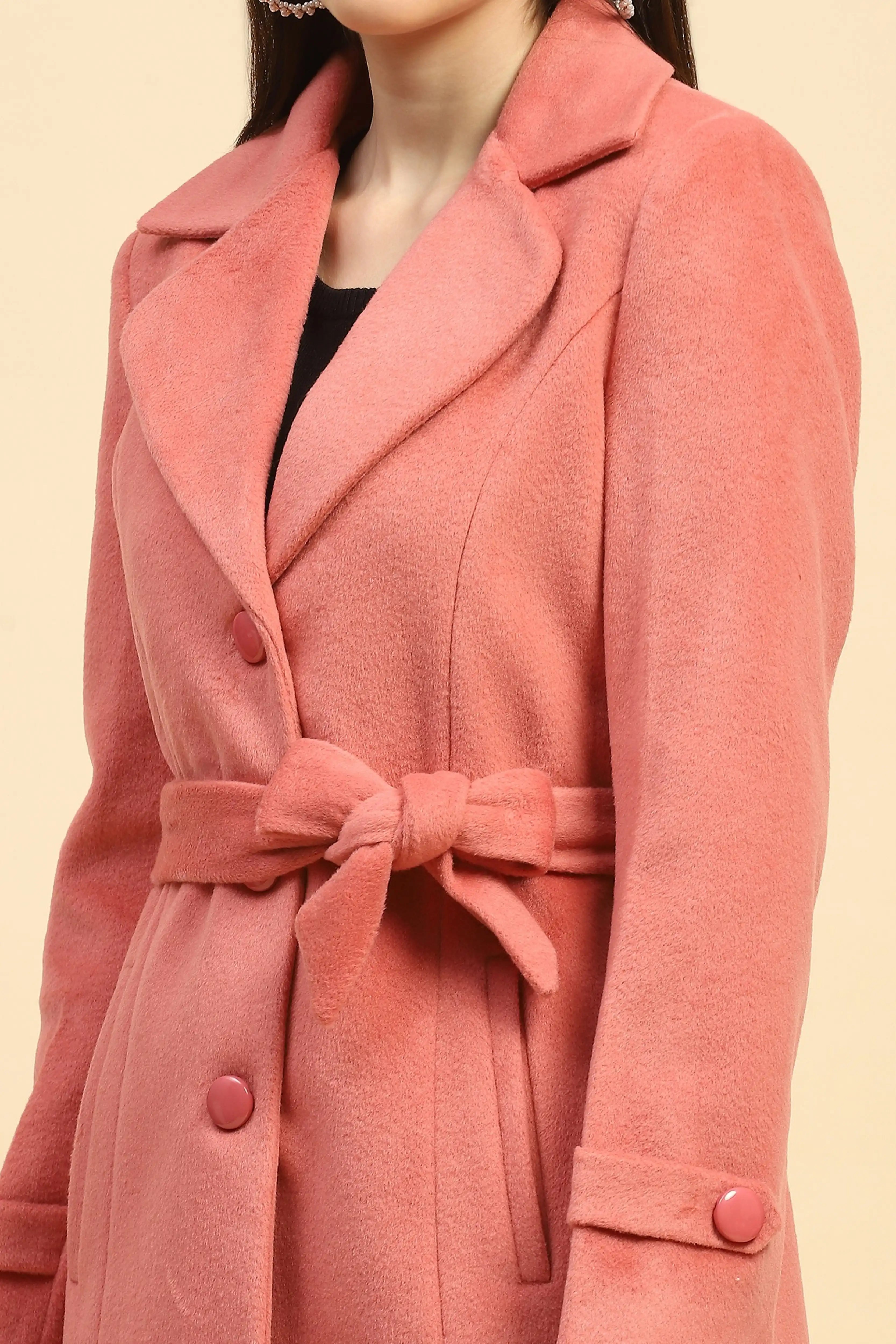 Hot Coral Solid Long Coat
