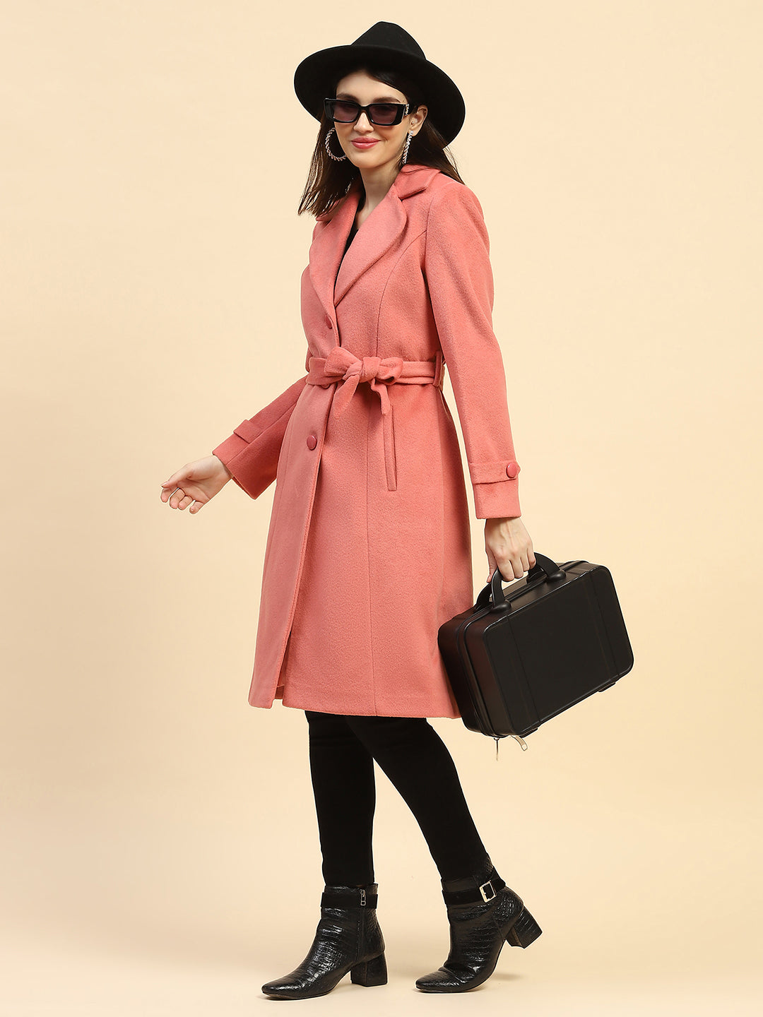 Hot Coral Solid  Long Coat - Global Republic