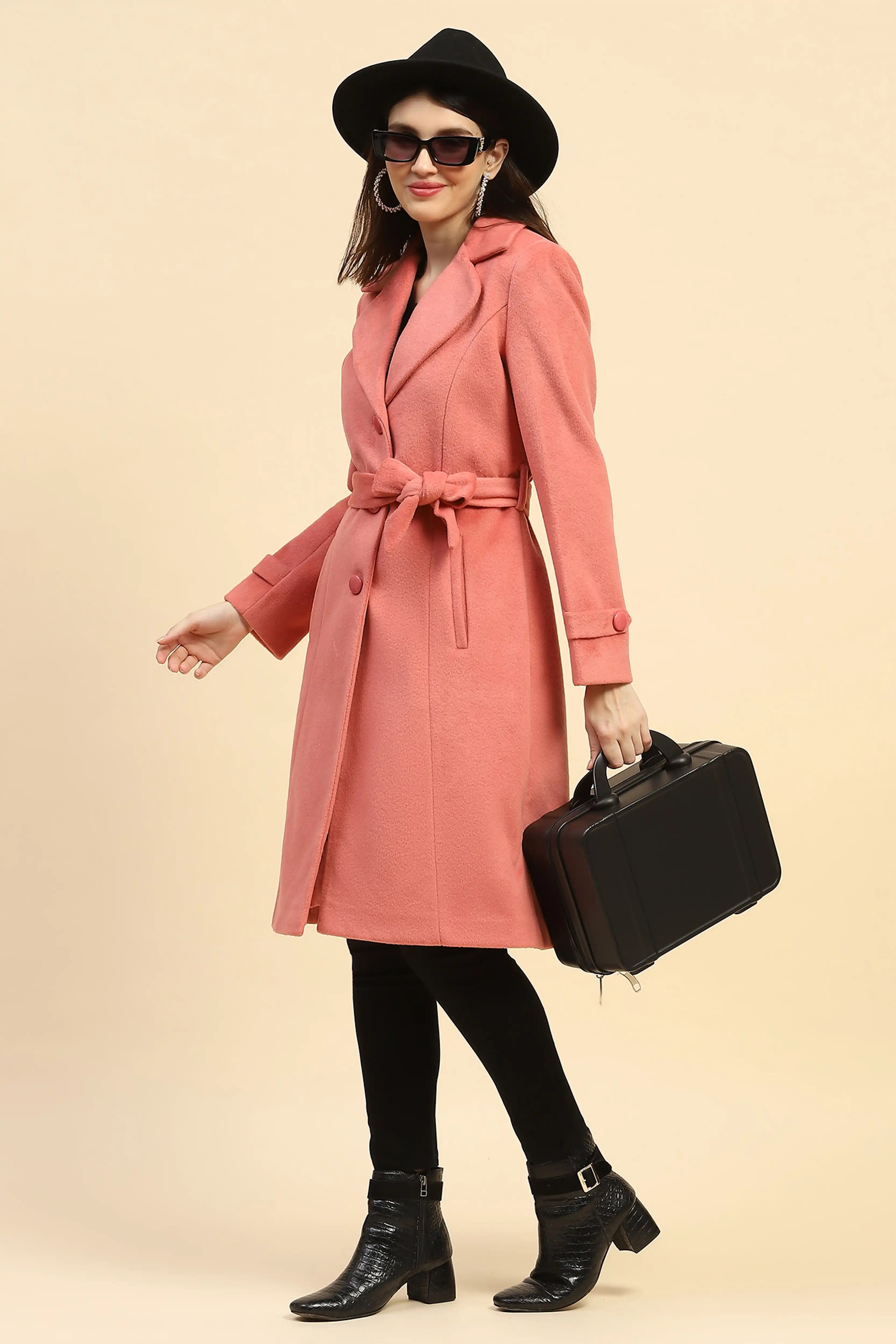 Hot Coral Solid Long Coat