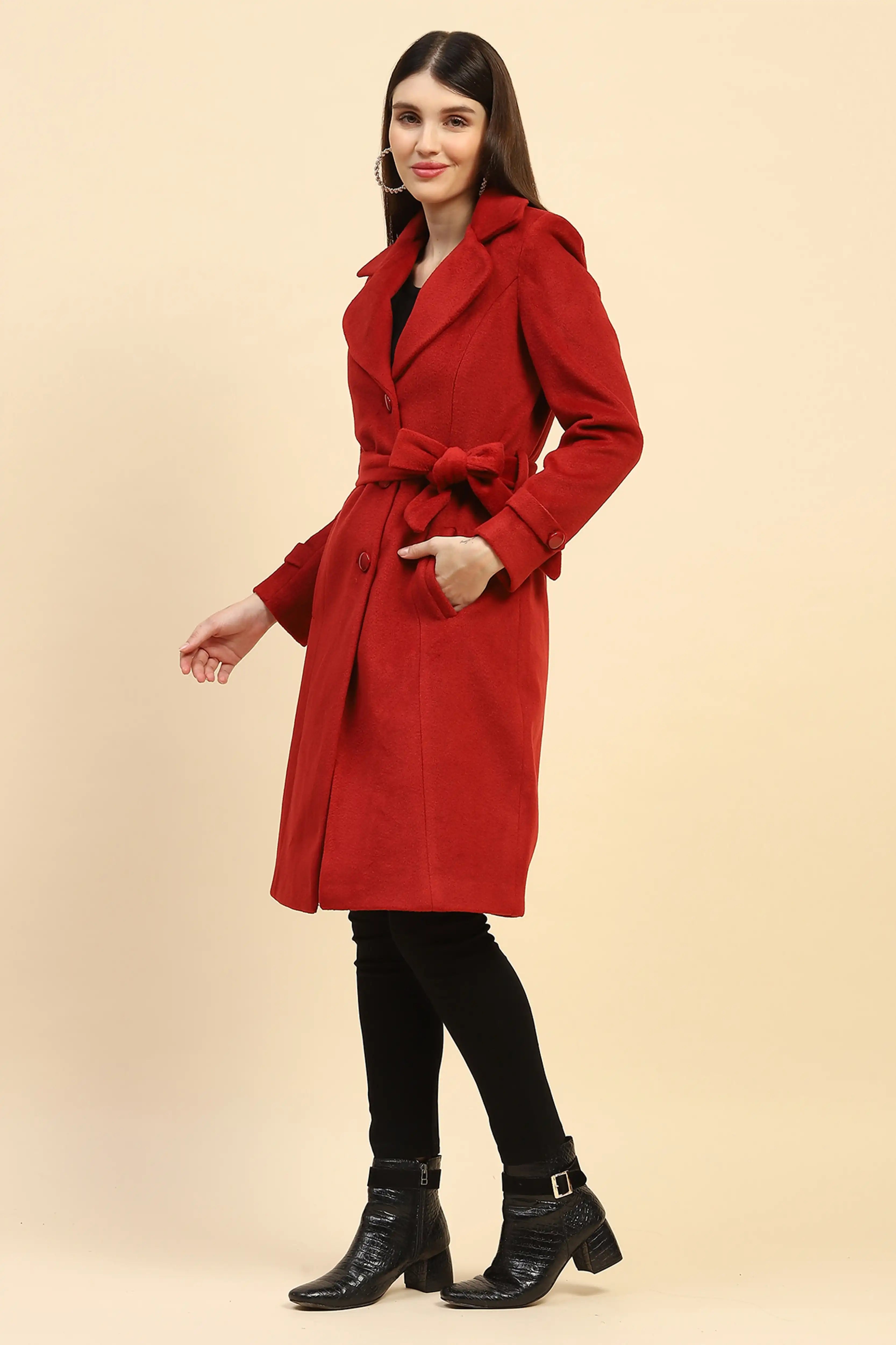 Maroon Solid Long Winter Coat