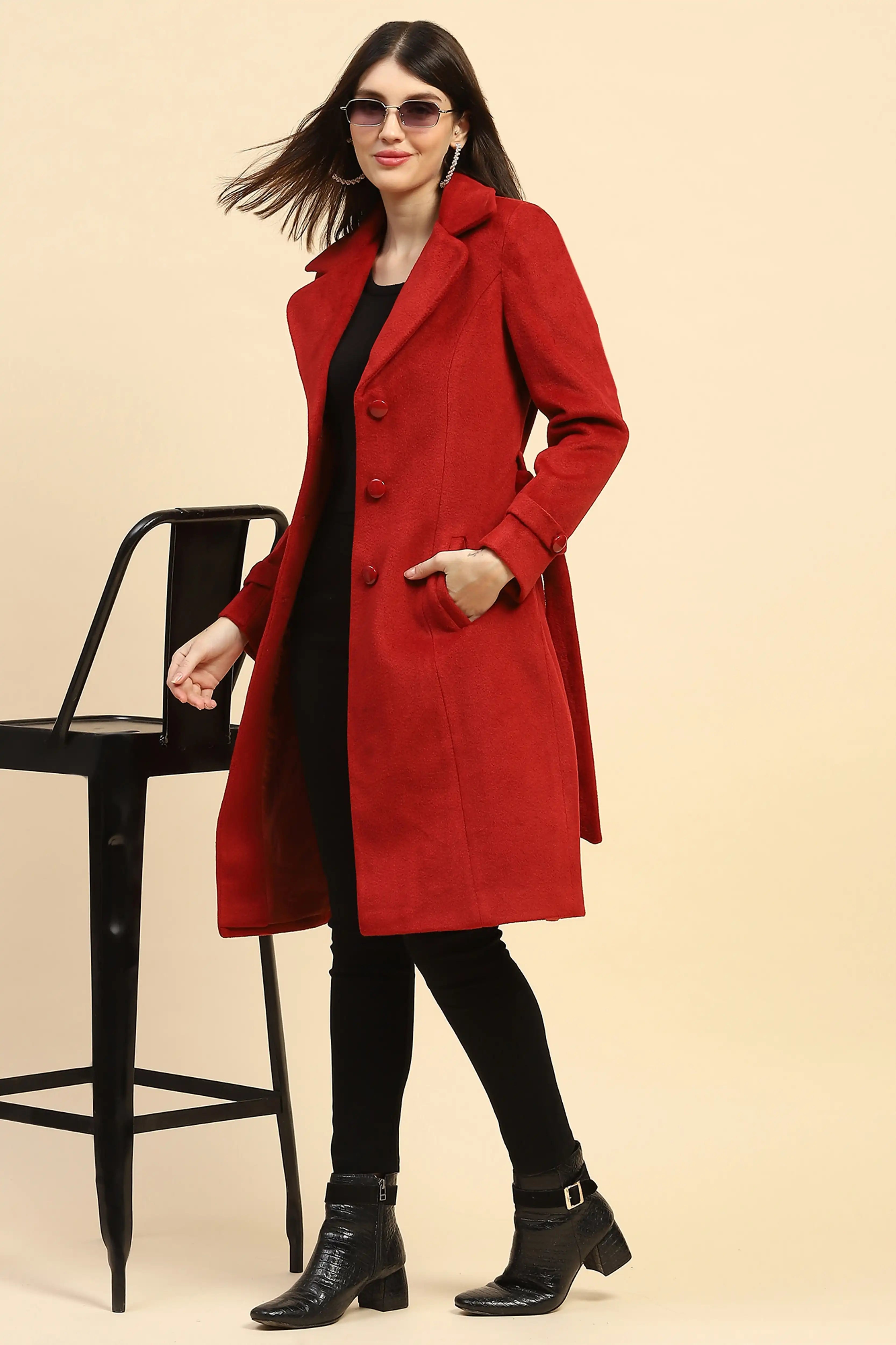 Maroon Solid Long Winter Coat