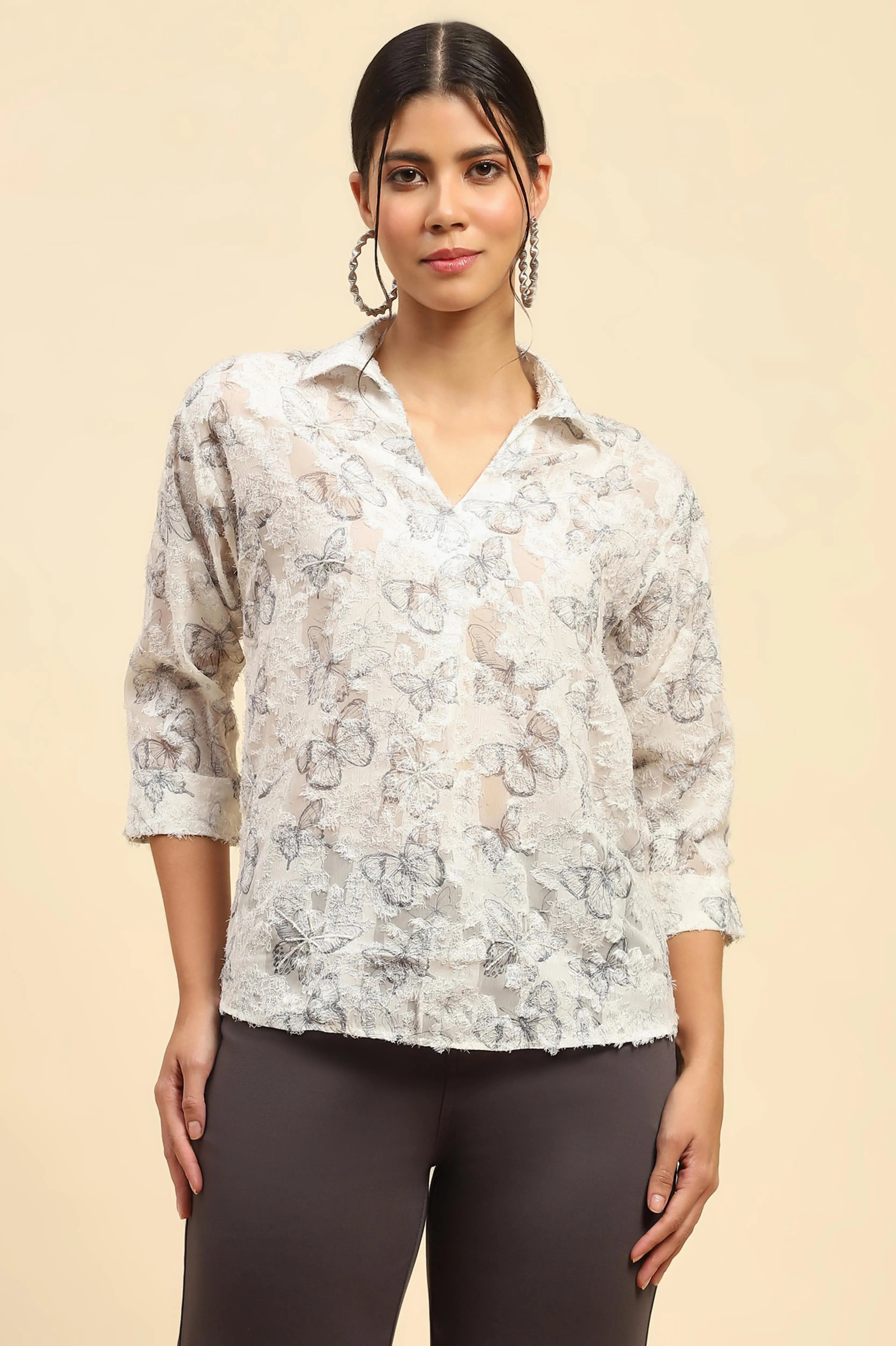 White Butterfly Print  Top - Global Republic