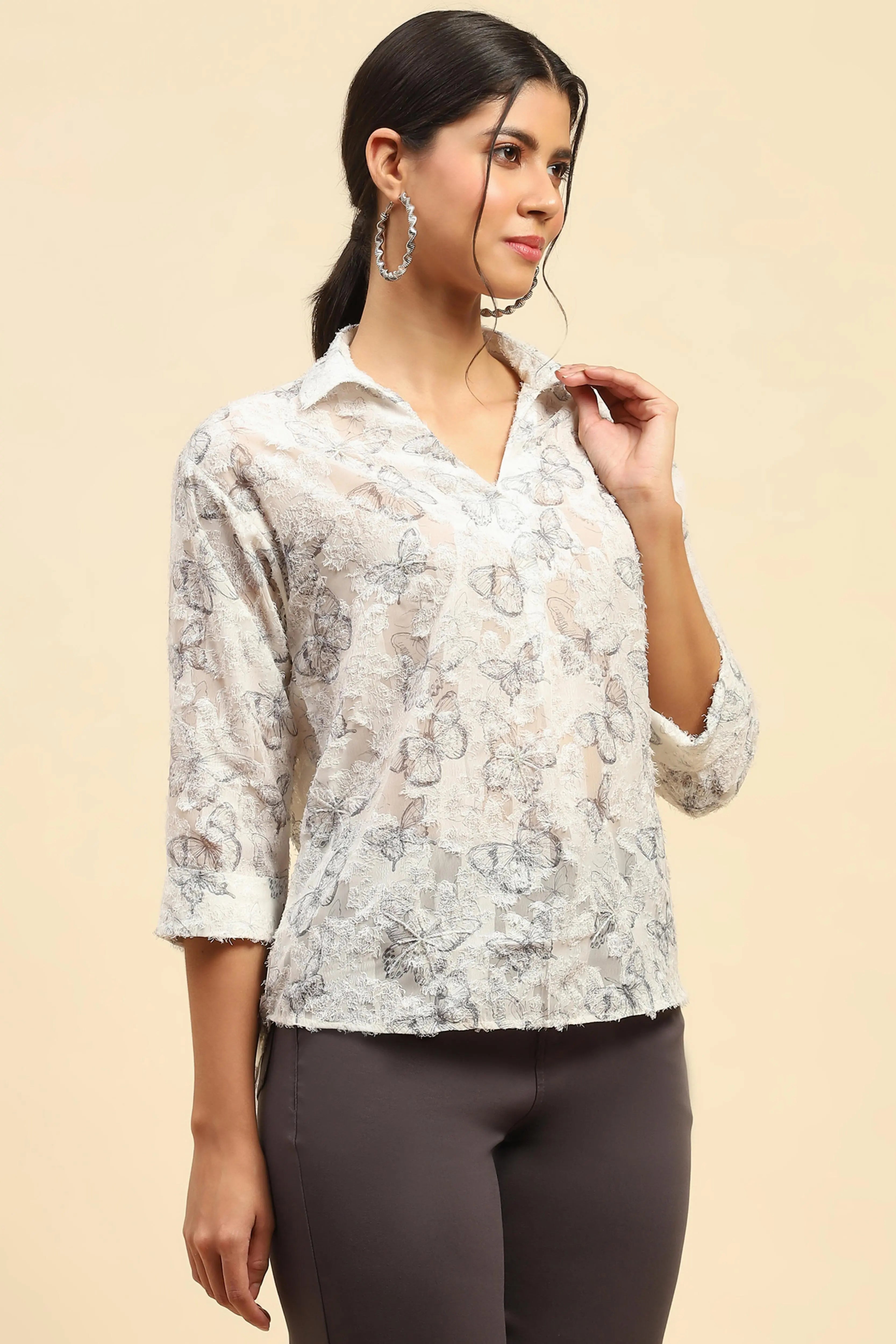 White Butterfly Print  Top - Global Republic