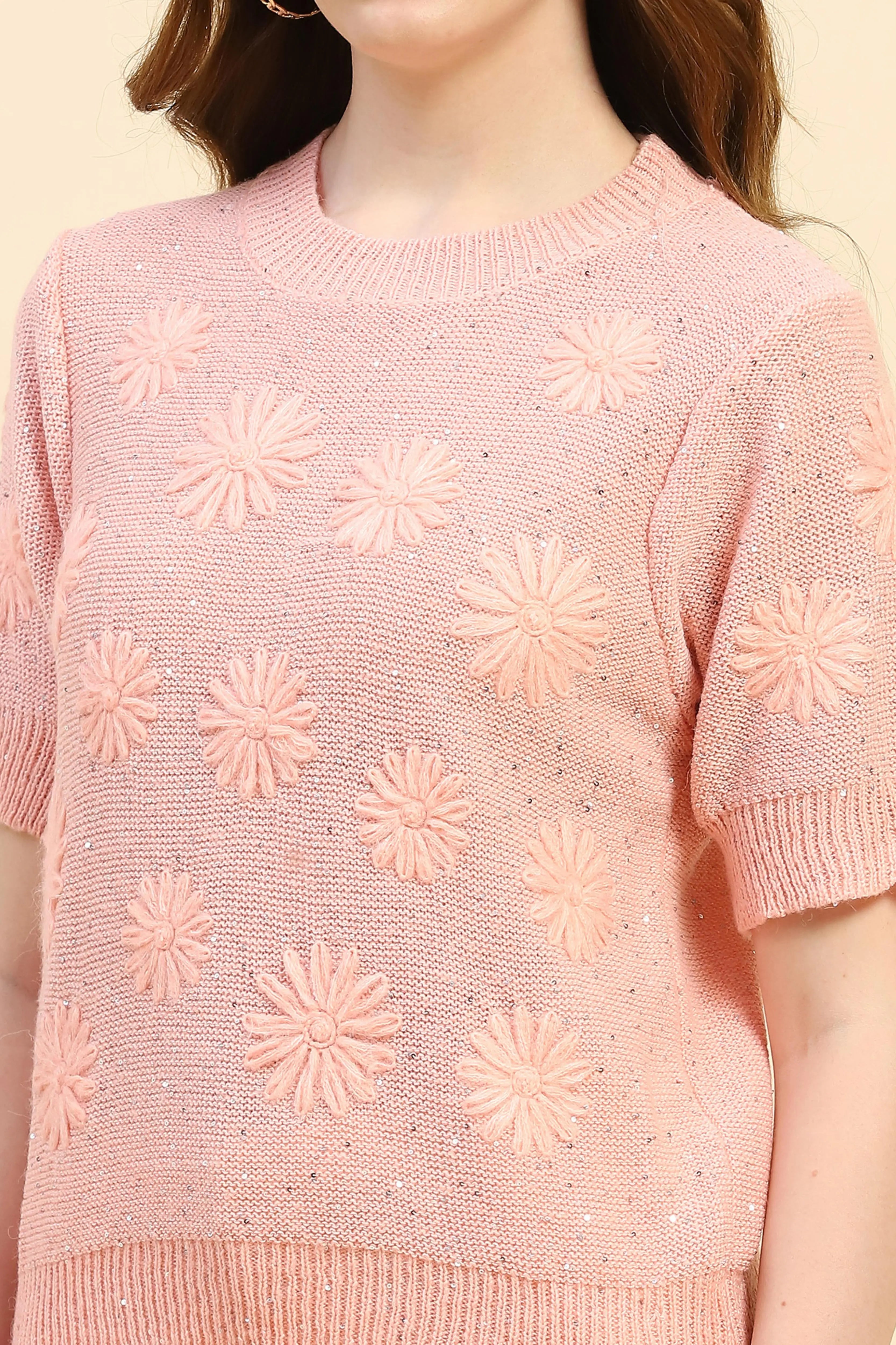Pink Embroidered Acrylic Blend Pullover - Global Republic