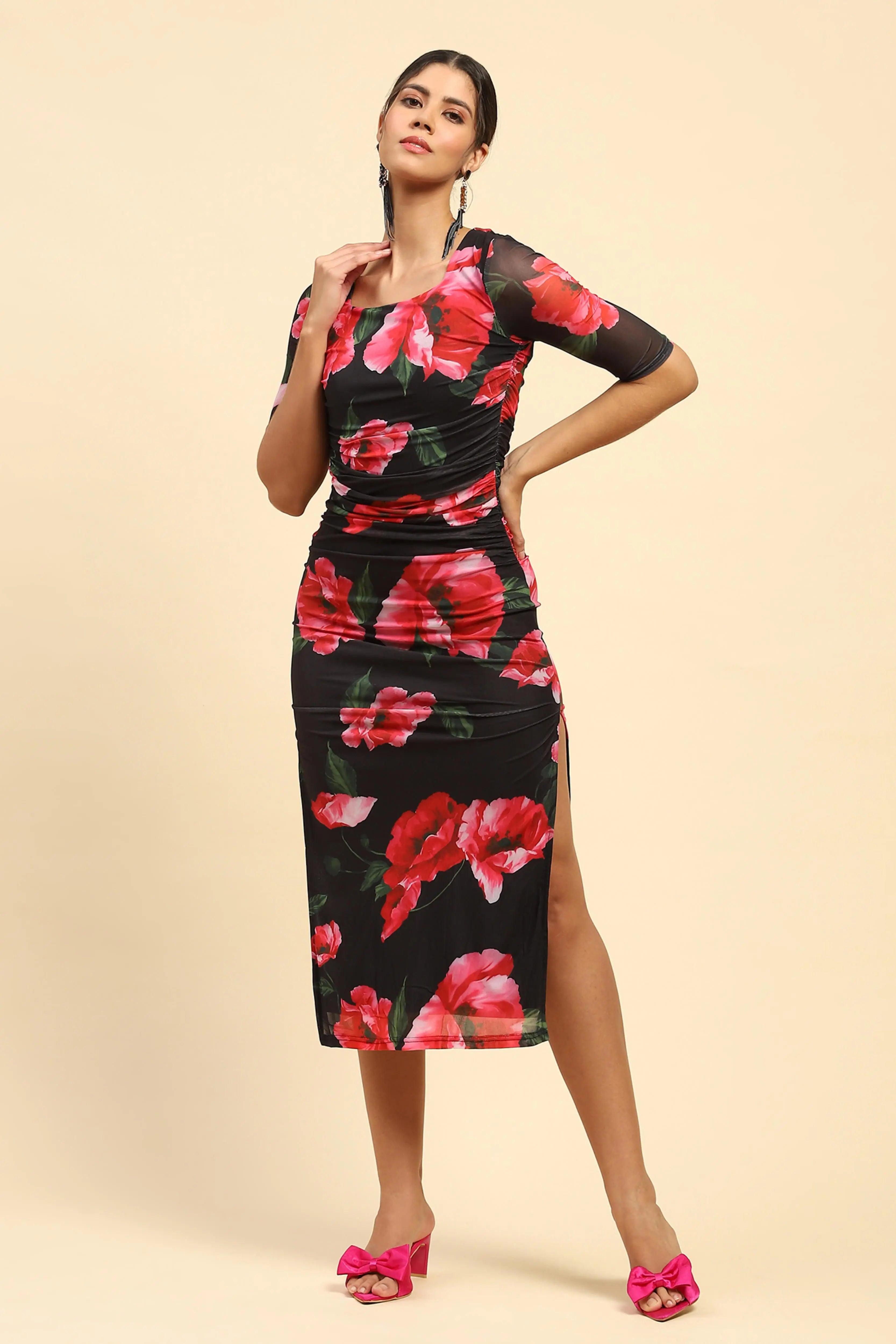 Black Floral Print  Stretchable Dress - Global Republic