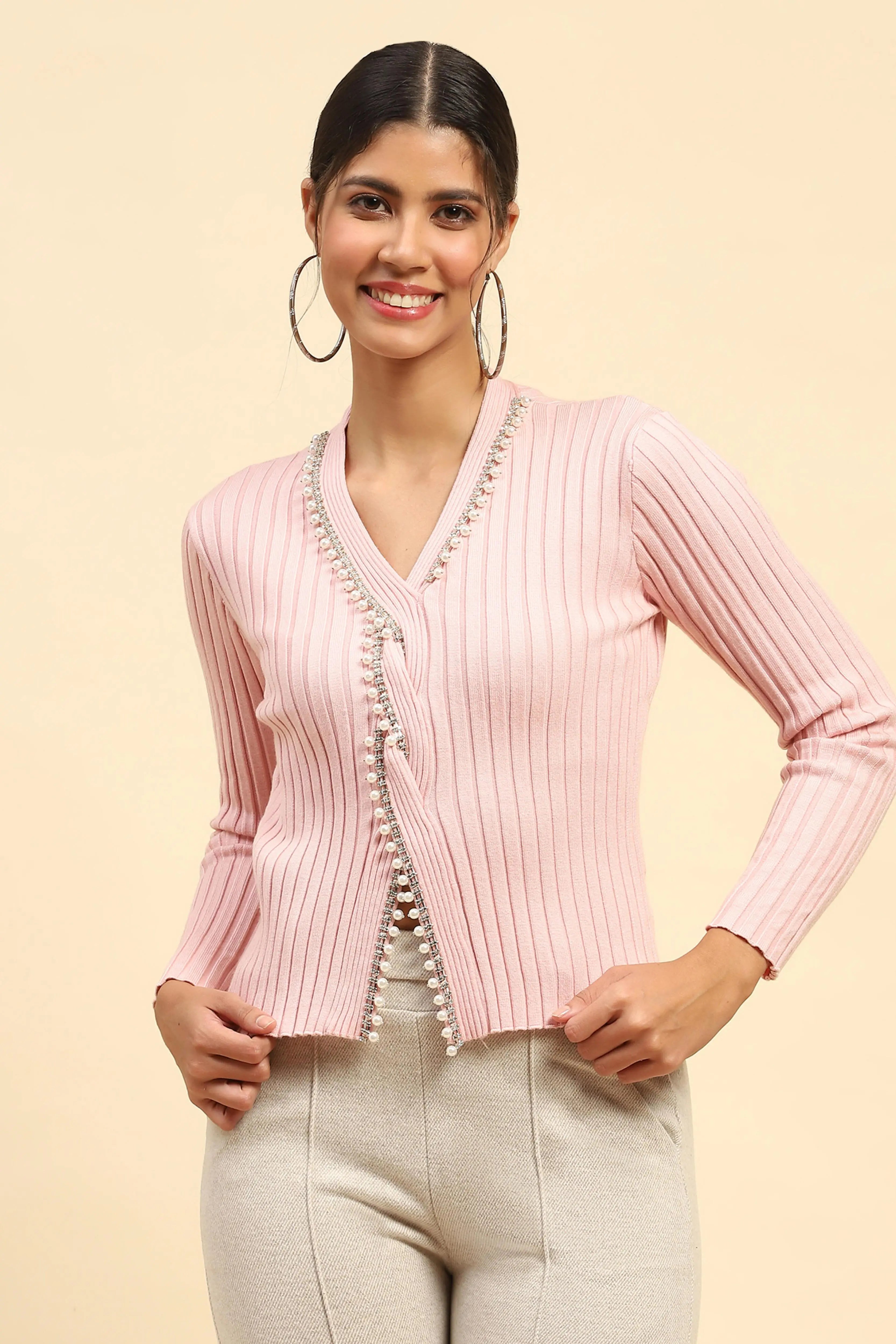 Pink embellished Viscose Crop Pullover - Global Republic