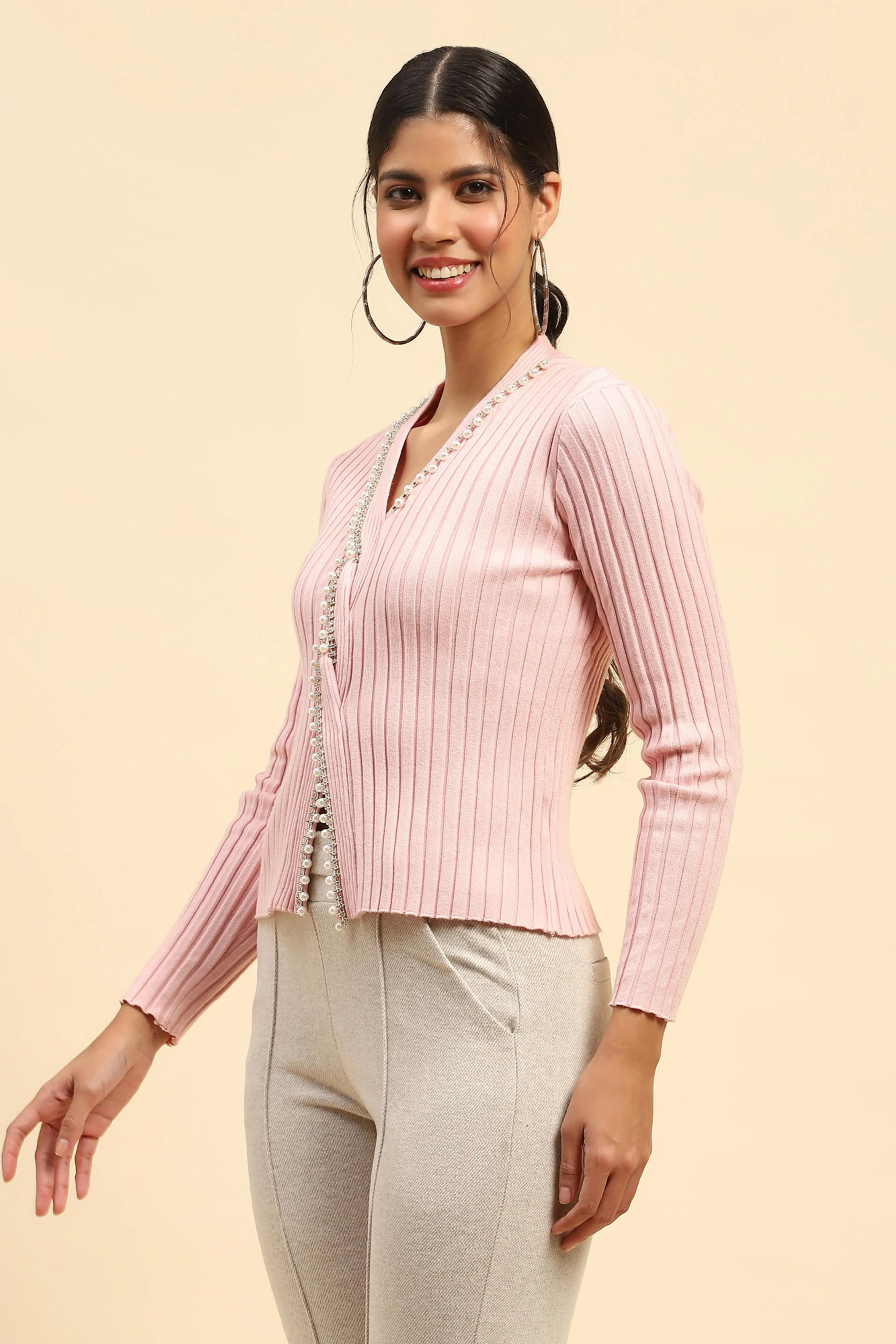 Pink embellished Viscose Crop Pullover - Global Republic