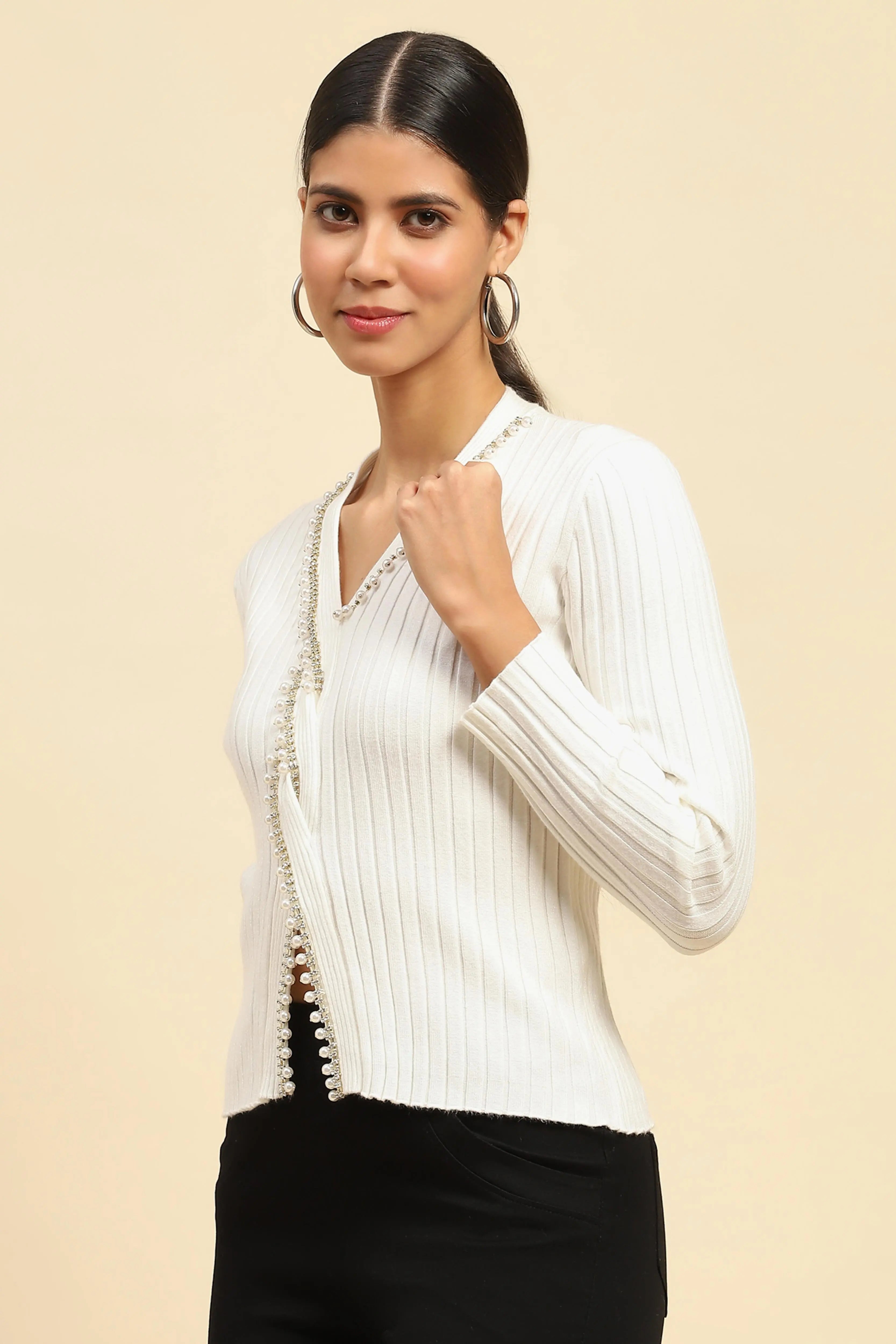 White Embellished Viscose Crop Pullover - Global Republic