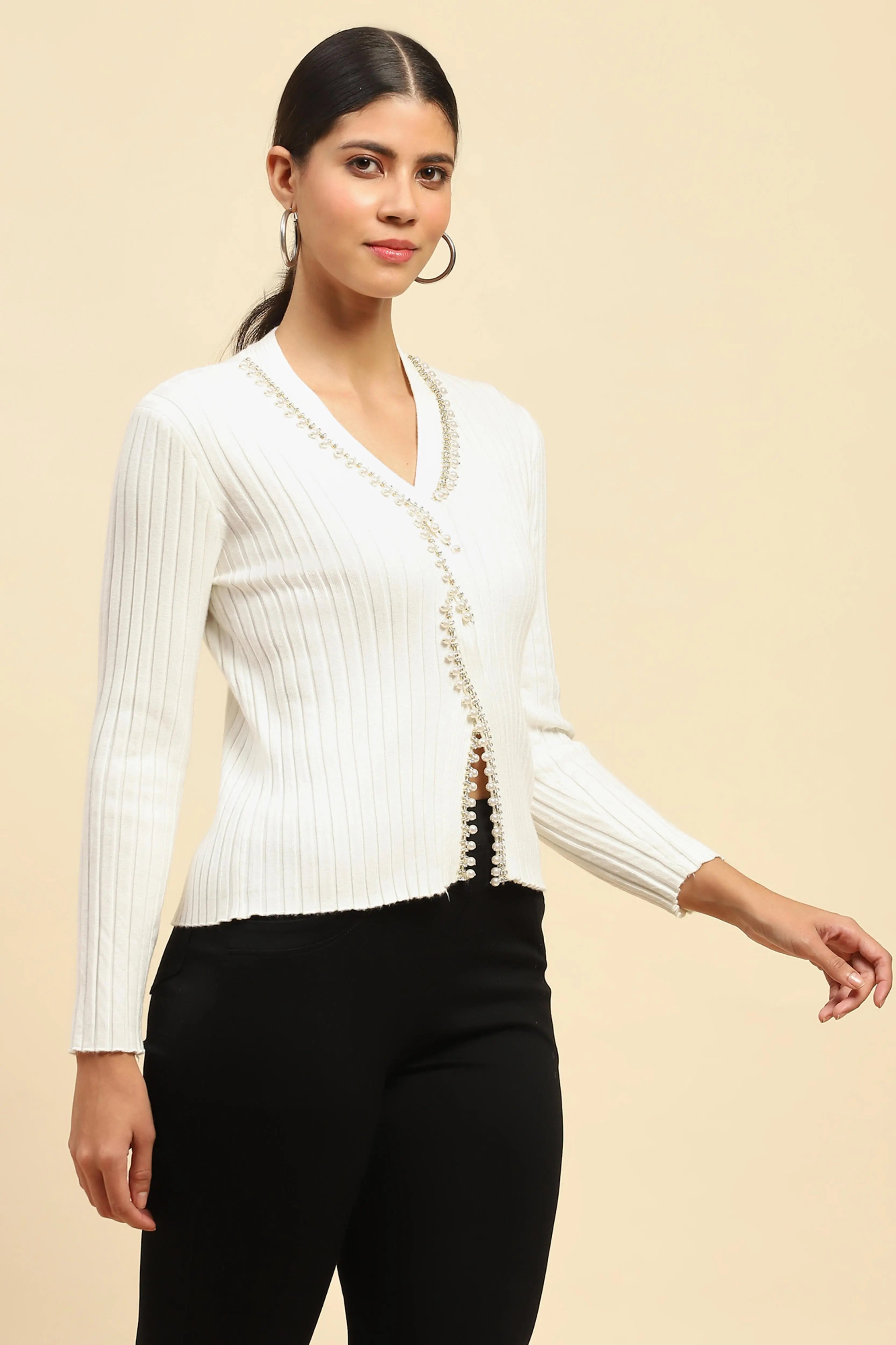 White Embellished Viscose Crop Pullover - Global Republic