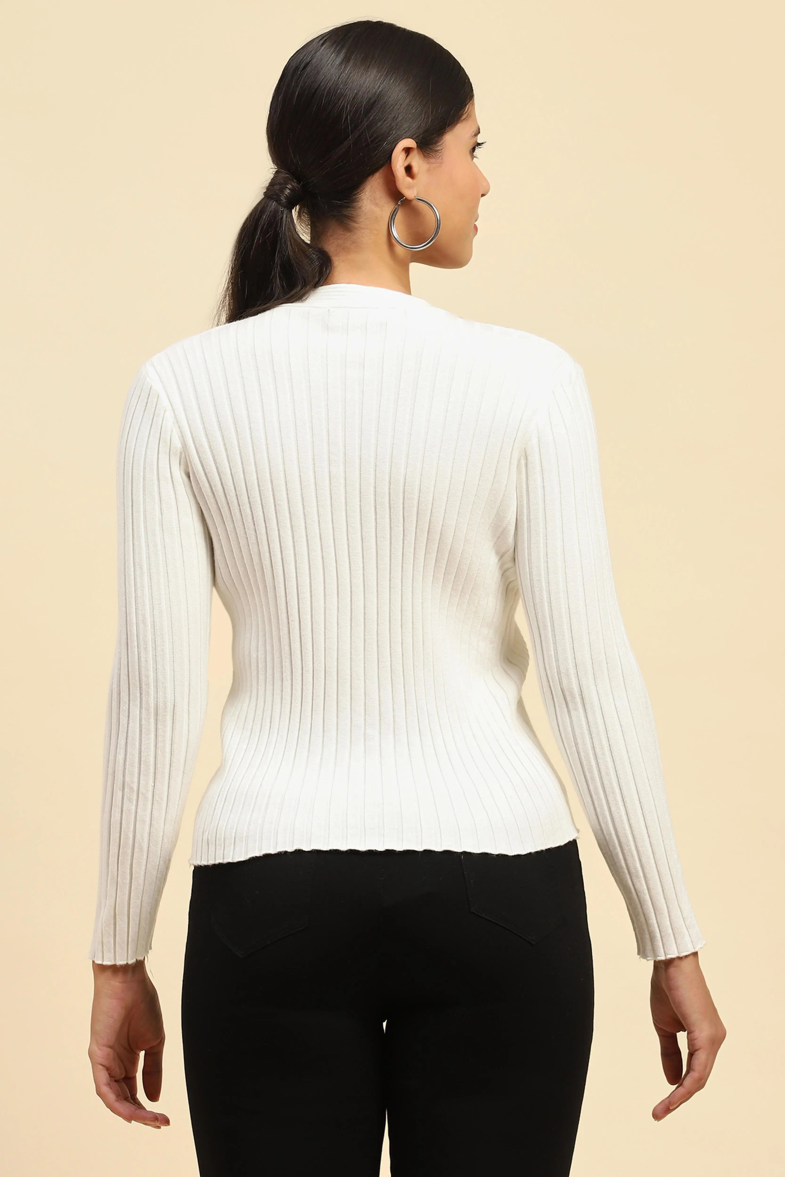 White Embellished Viscose Crop Pullover - Global Republic