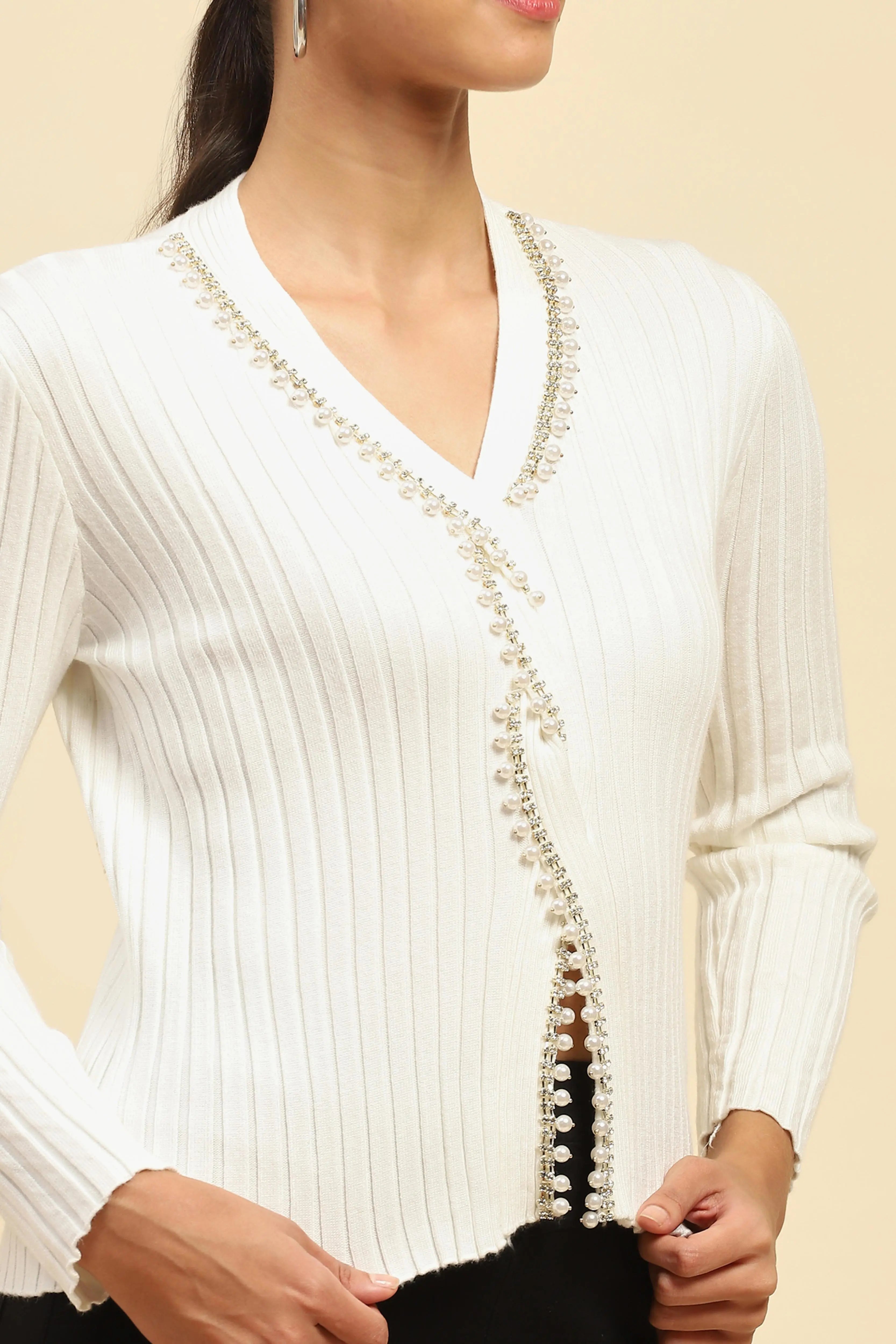White Embellished Viscose Crop Pullover - Global Republic