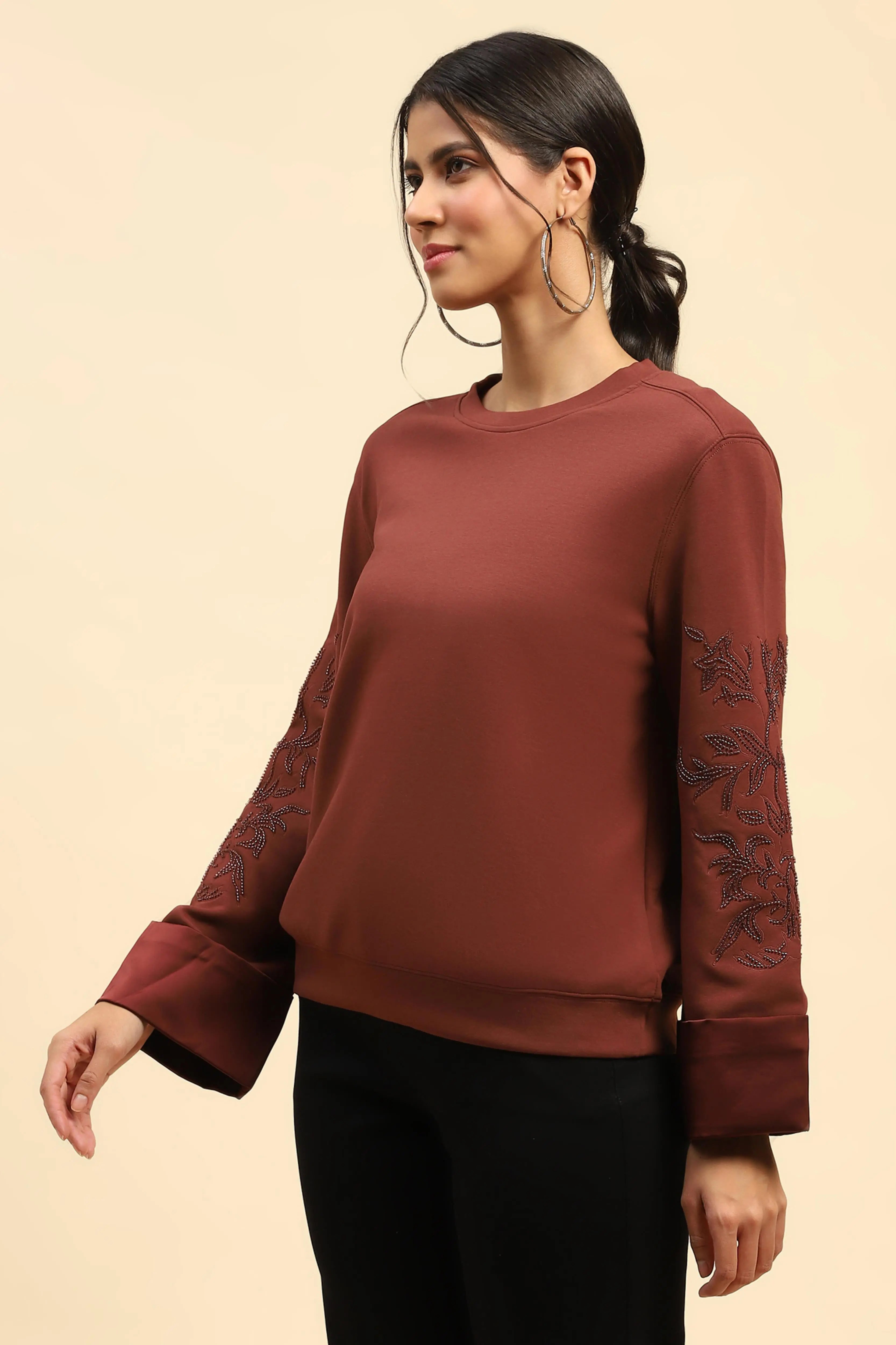 Brick Red Embellished Sweatshirt - Global Republic