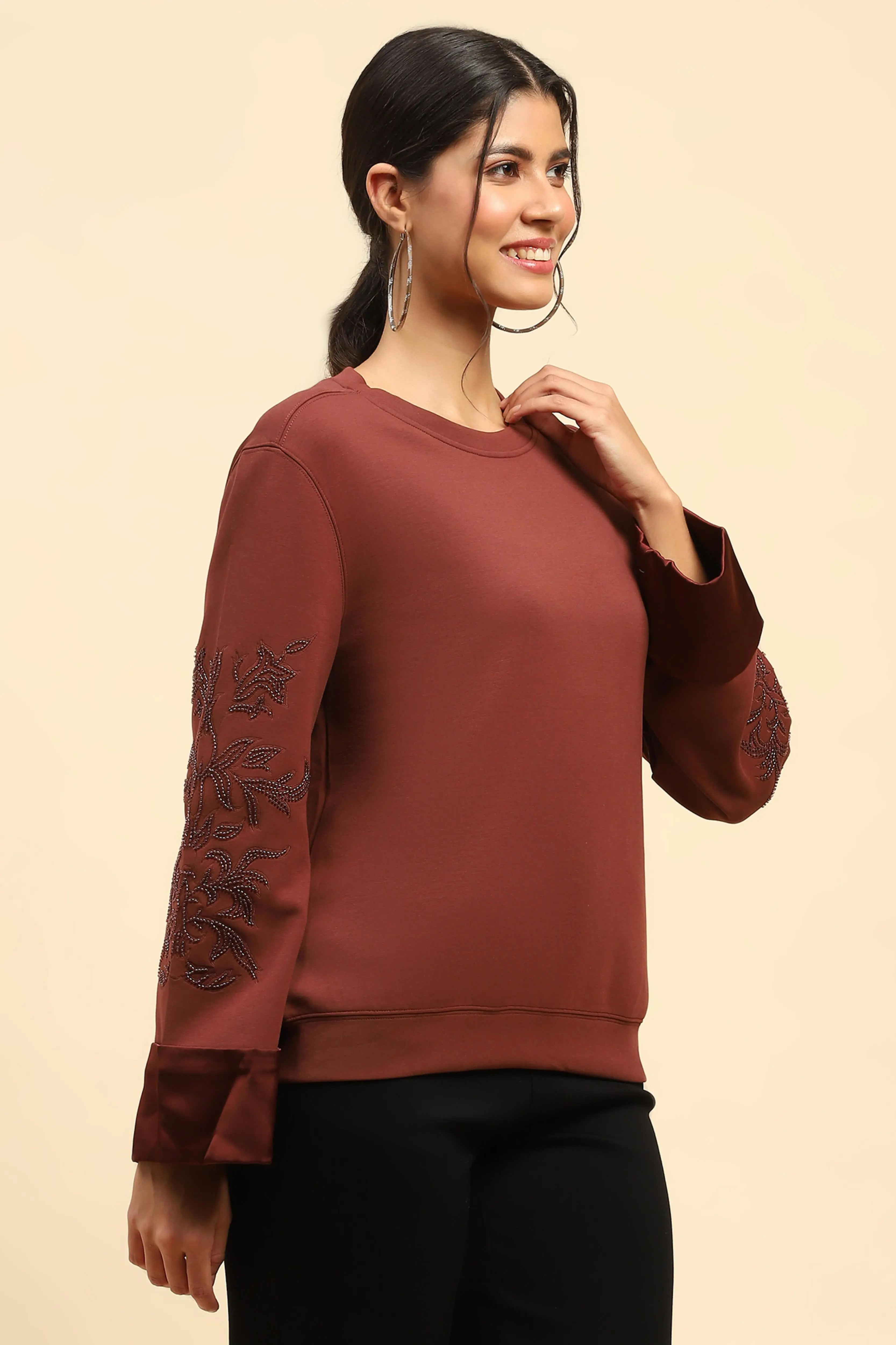 Brick Red Embellished Sweatshirt - Global Republic