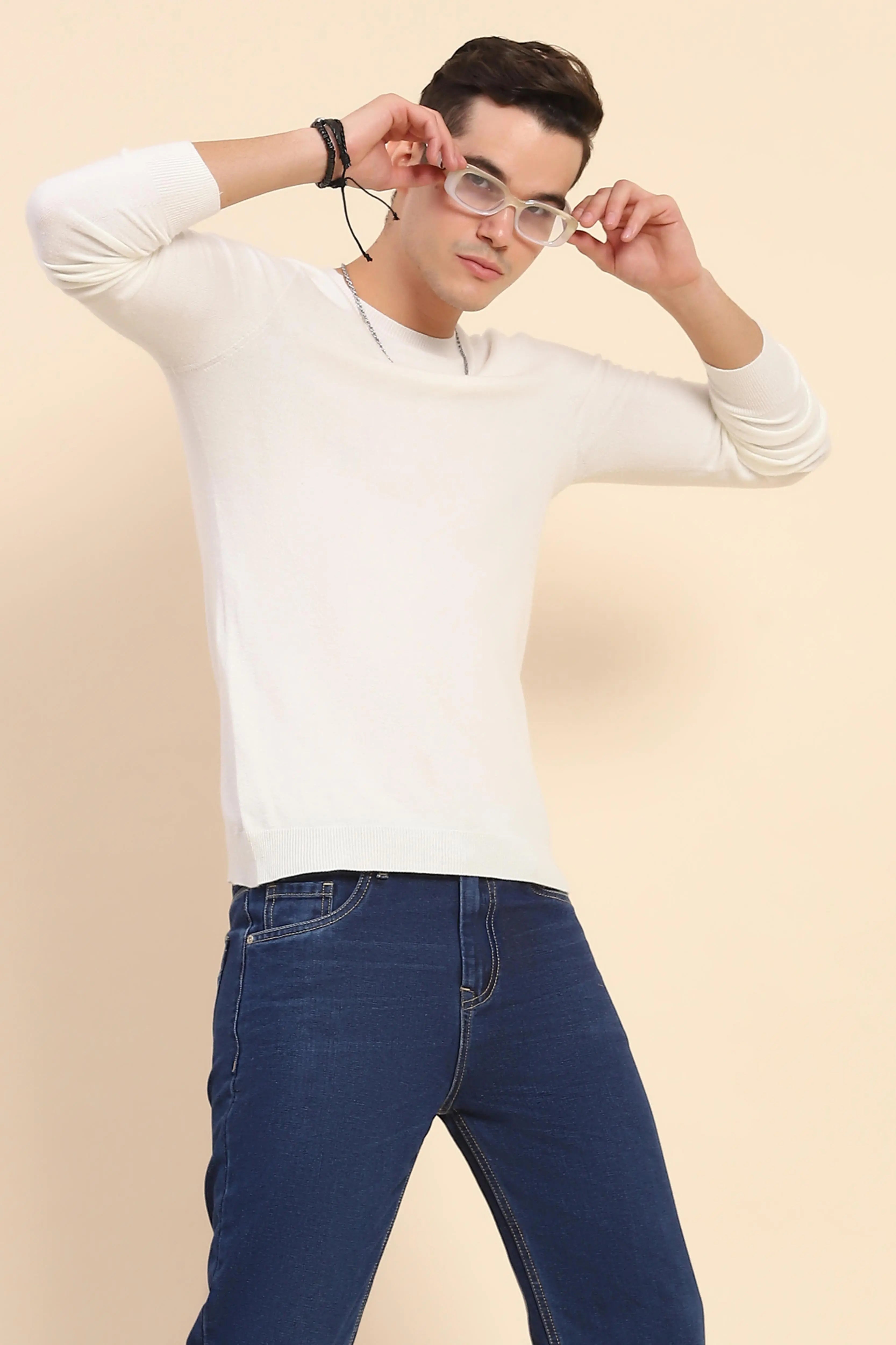 Off White Solid Wool Blend Pullover - Global Republic