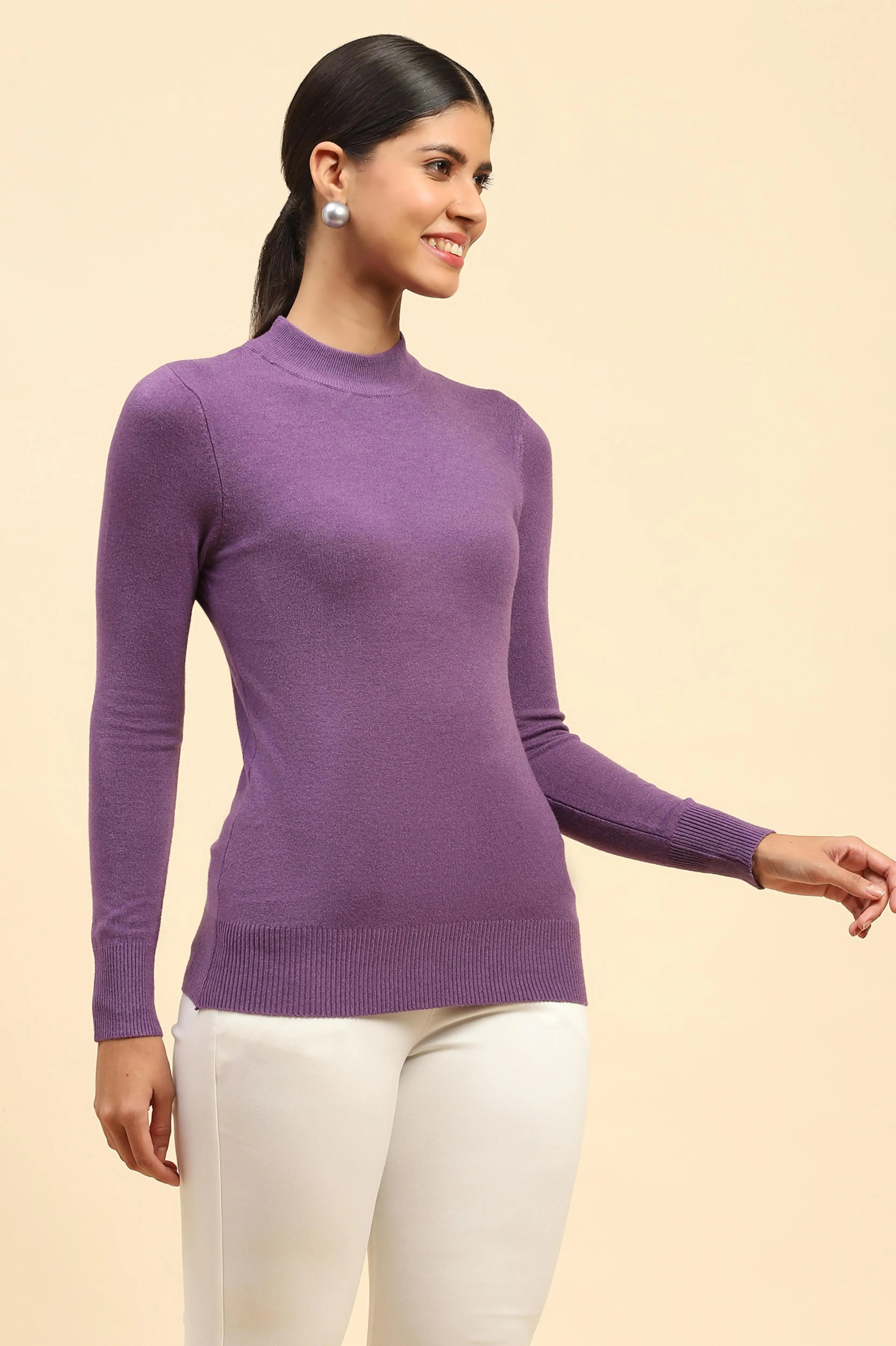 Mauve Solid Wool Blend Pullover - Global Republic
