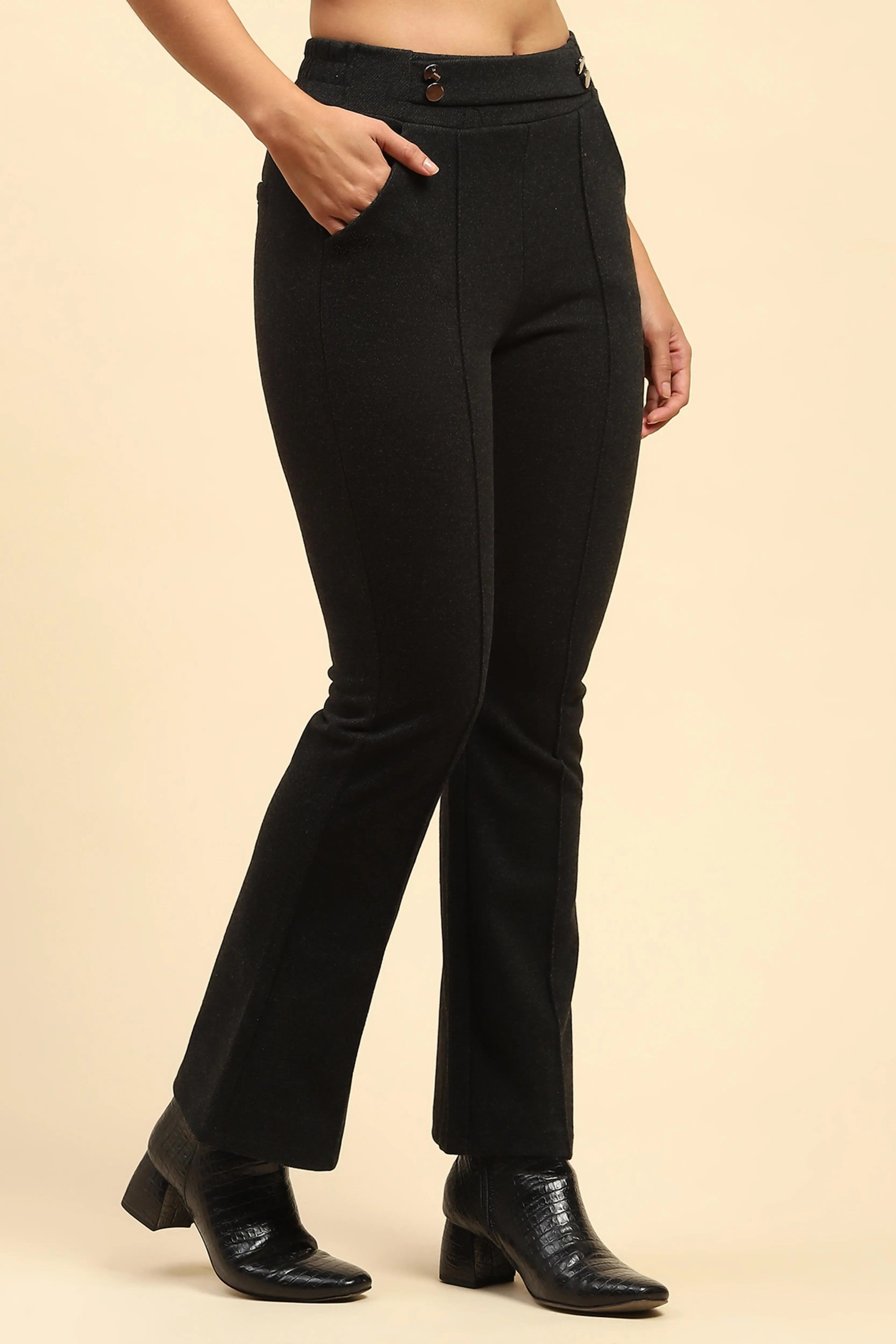 Black Solid  Viscose Winter Trouser - Global Republic