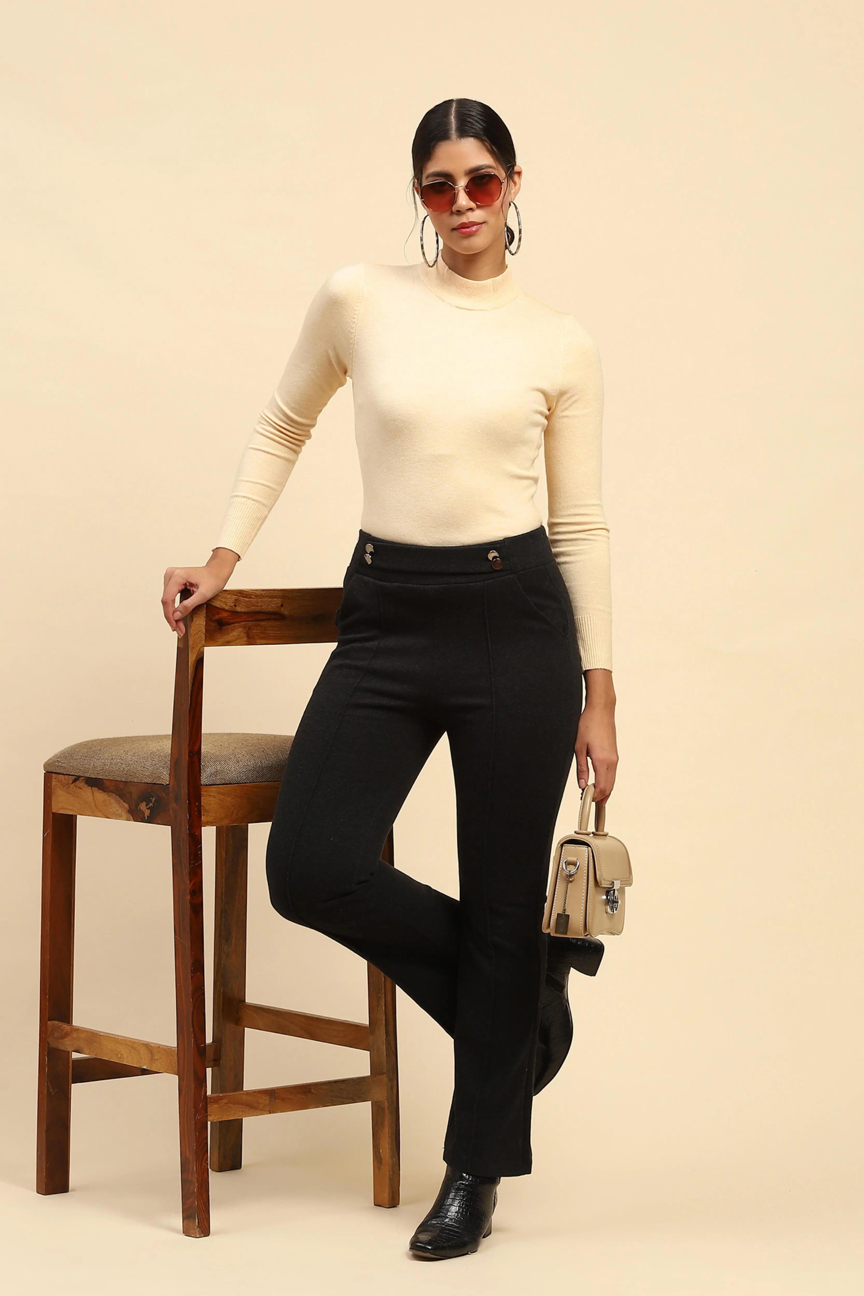 Black Solid  Viscose Winter Trouser - Global Republic