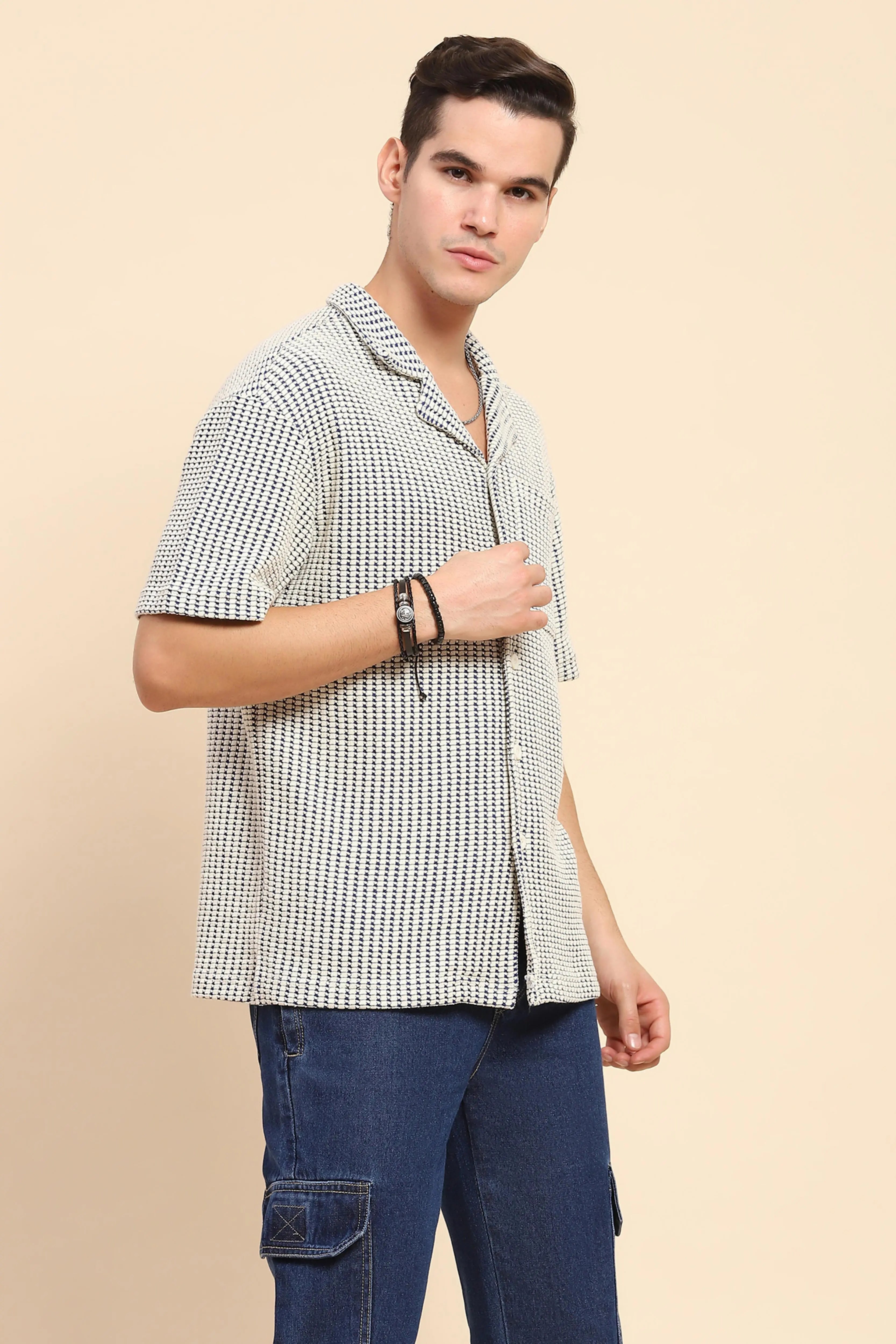 Blue Cotton Textured Casual Shirt - Global Republic