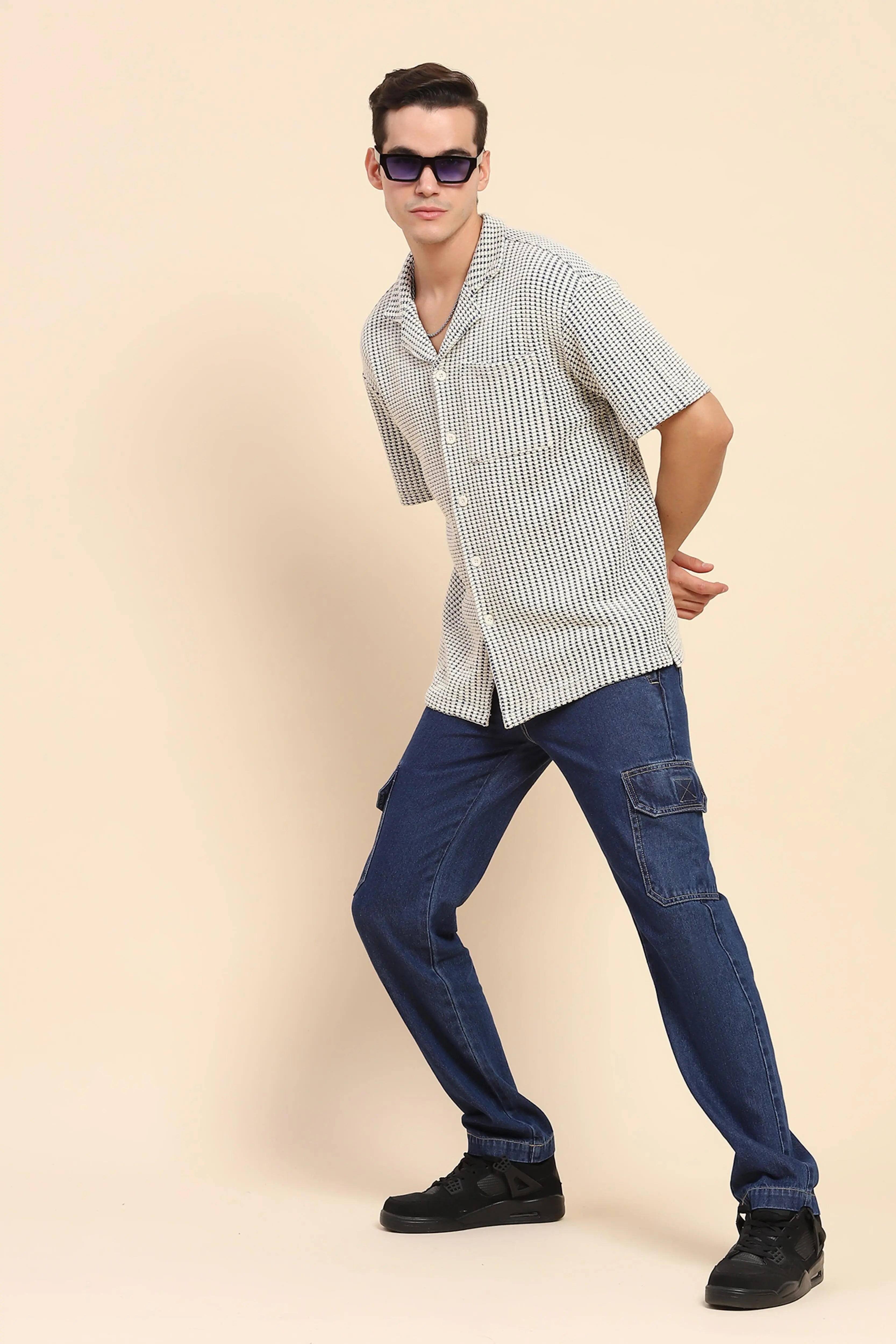 Blue Cotton Textured Casual Shirt - Global Republic