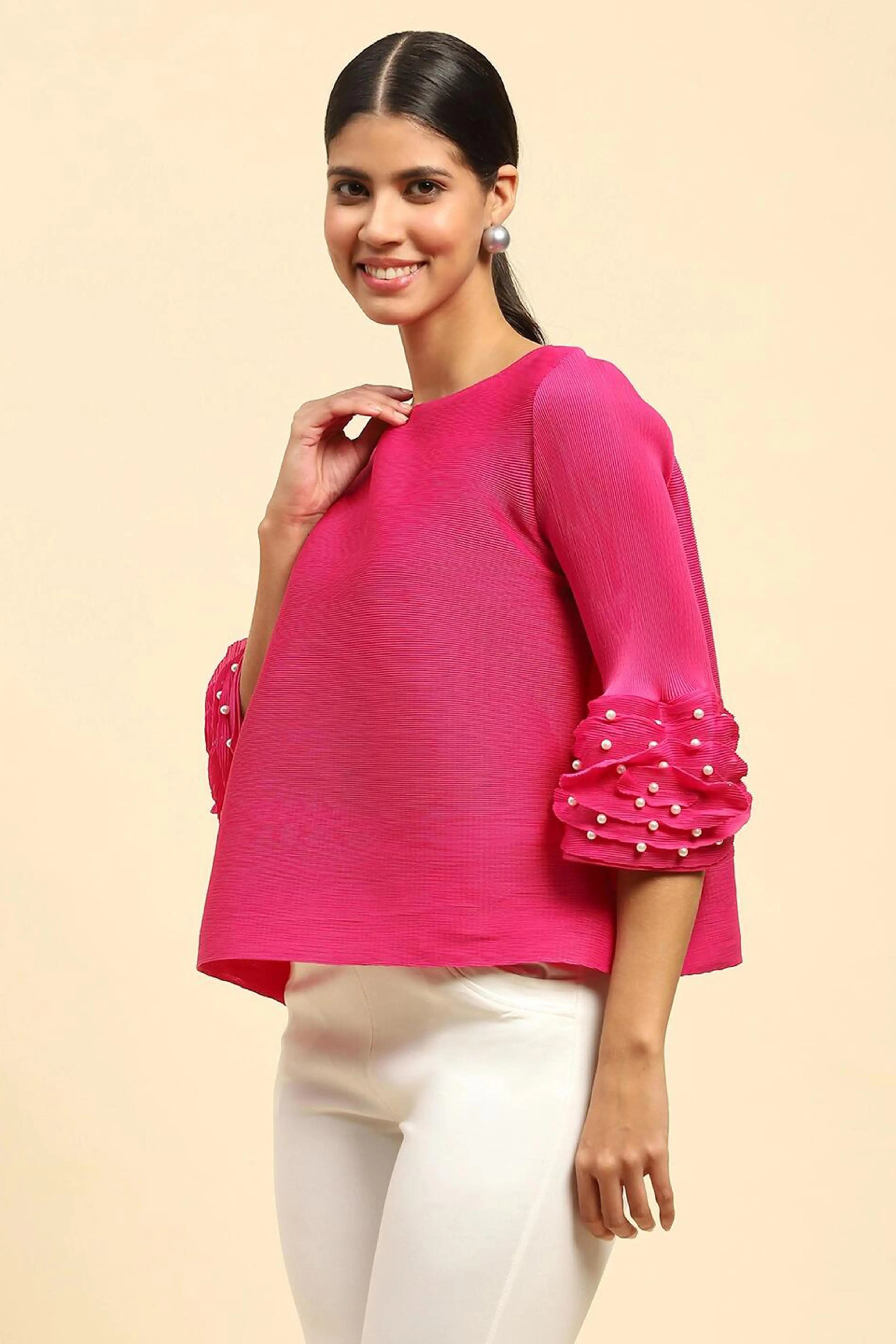 Fuchsia Solid Loose Fit Pleated Blouse - Global Republic