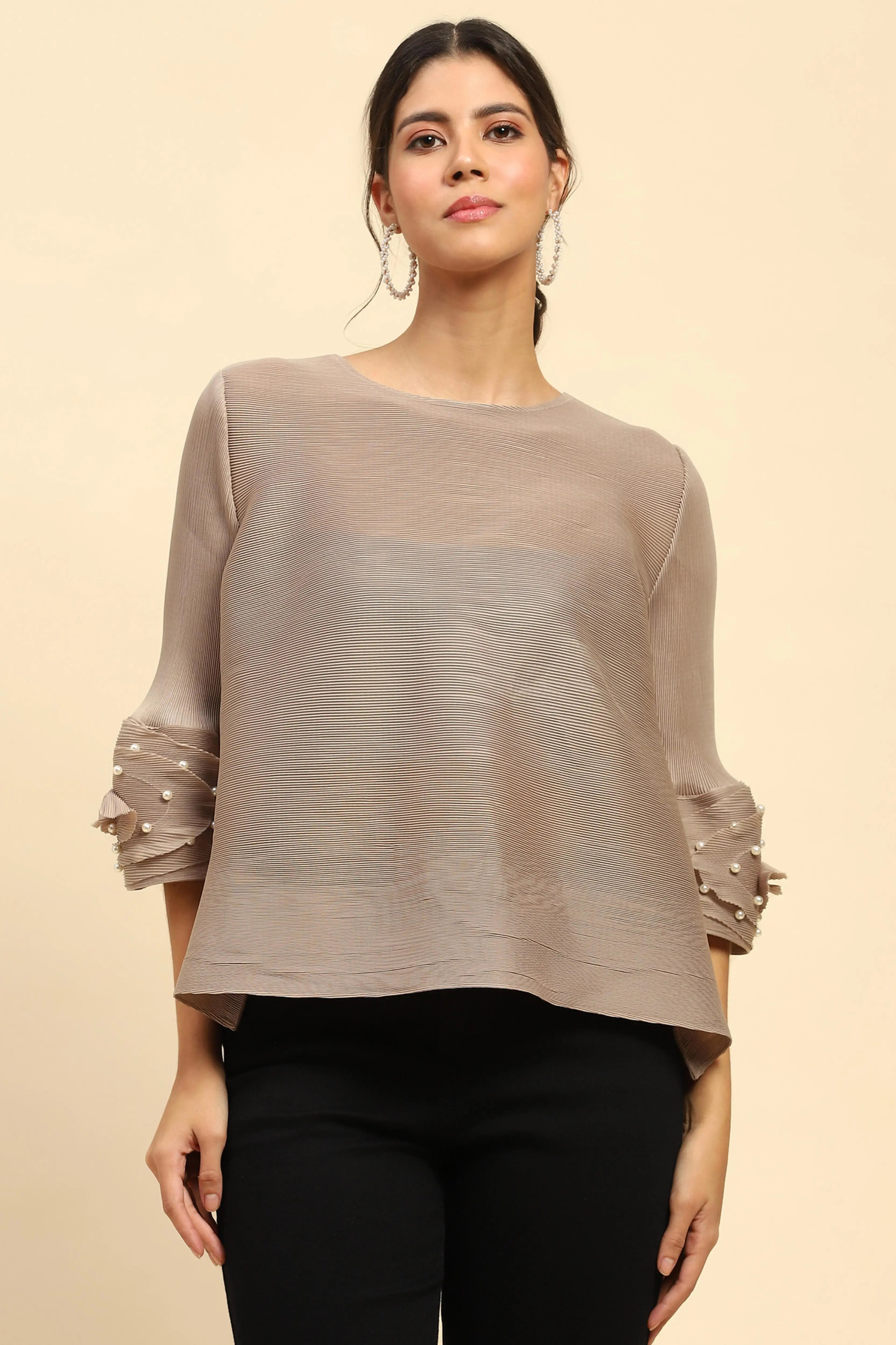 Beige Solid Loose Fit Pleated Blouse - Global Republic