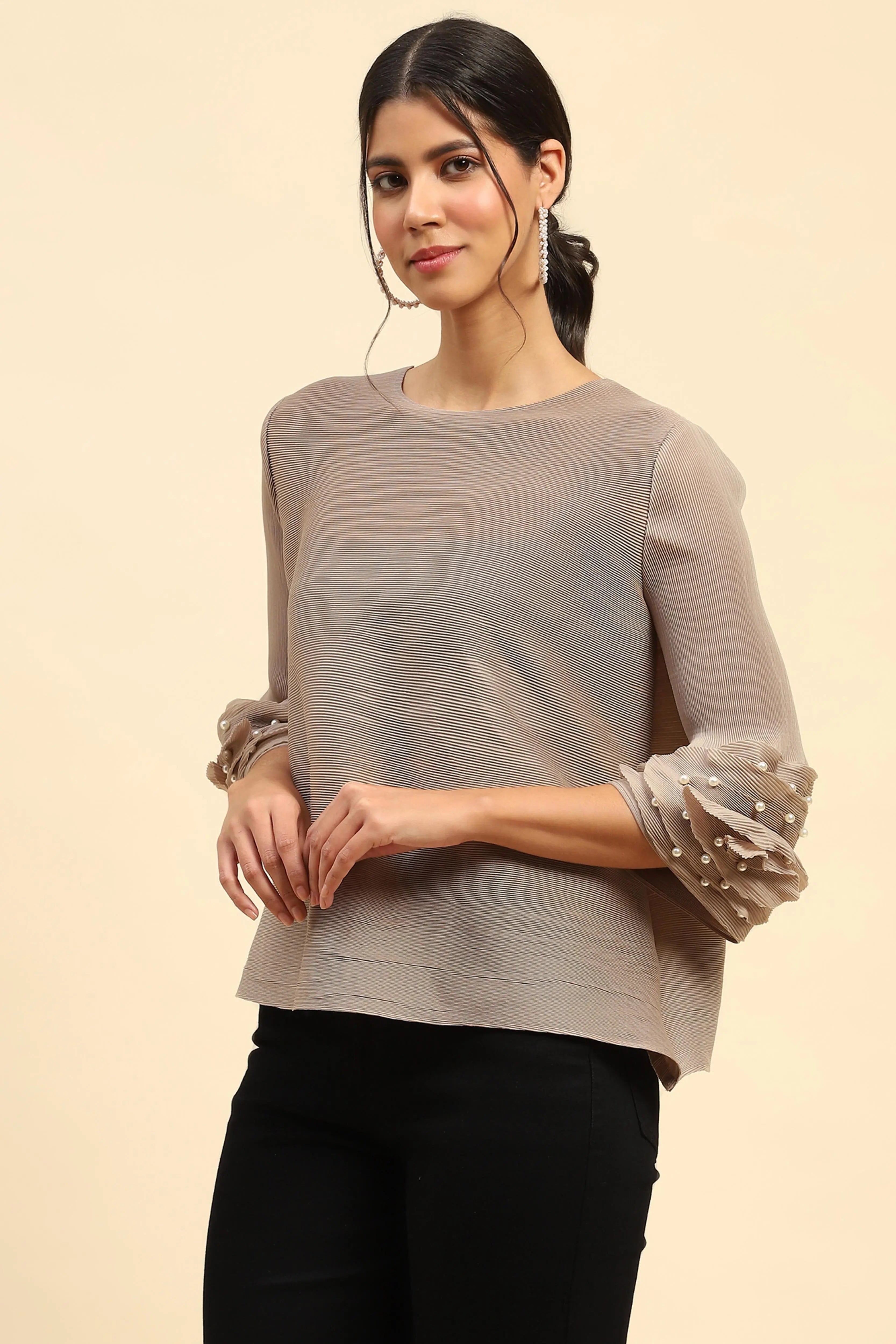 Beige Solid Loose Fit Pleated Blouse - Global Republic