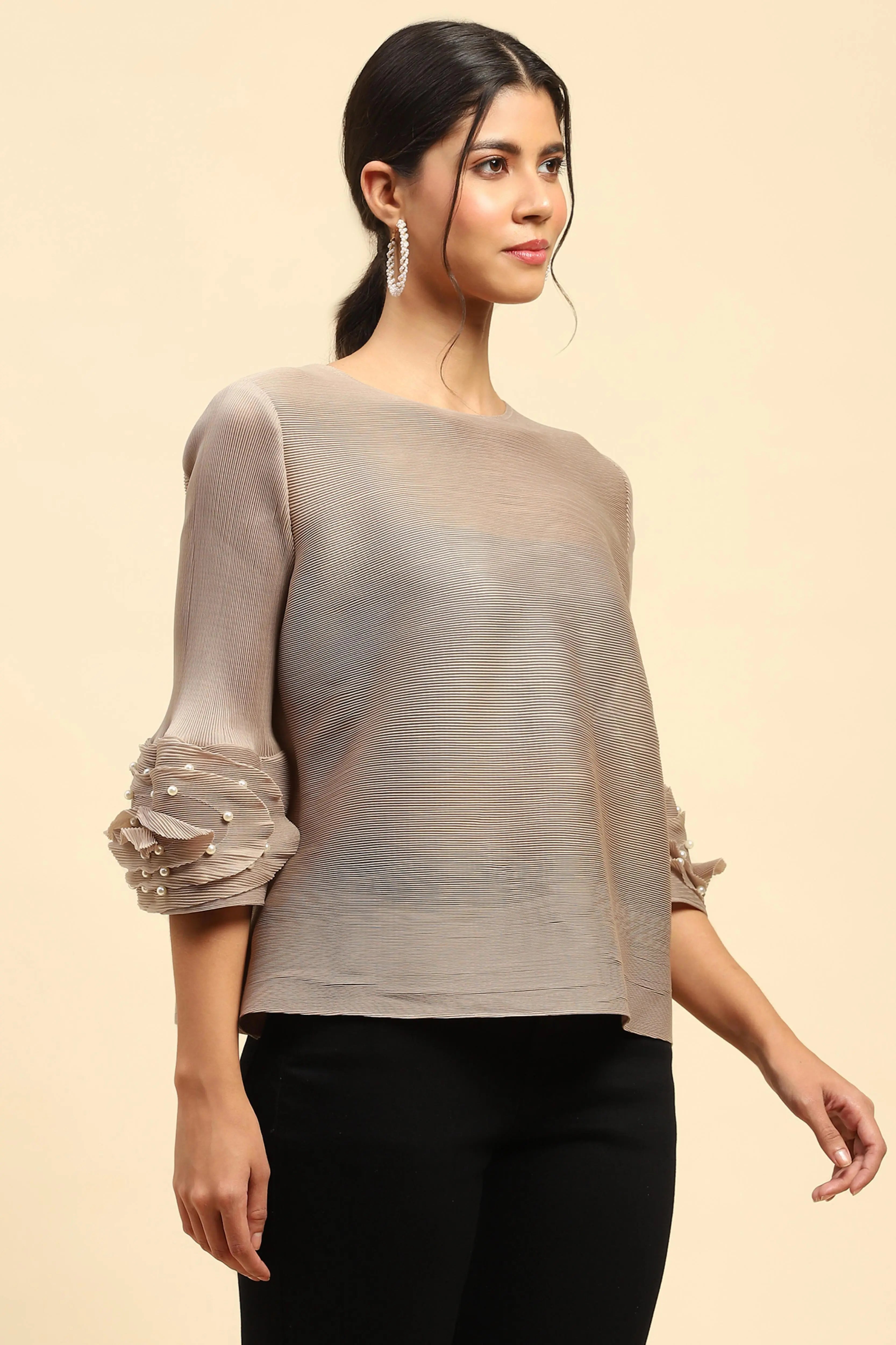 Beige Solid Loose Fit Pleated Blouse - Global Republic
