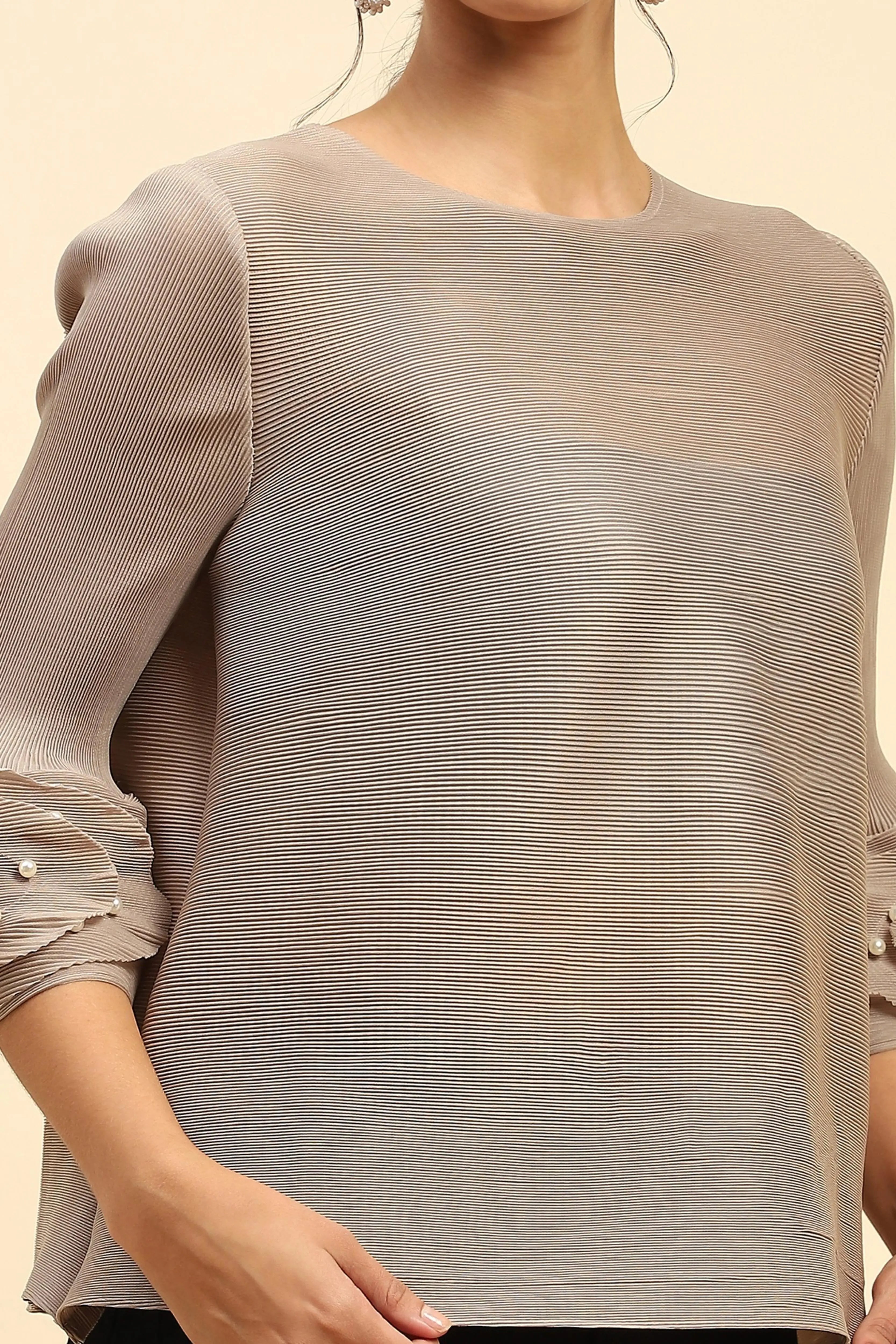 Beige Solid Loose Fit Pleated Blouse - Global Republic