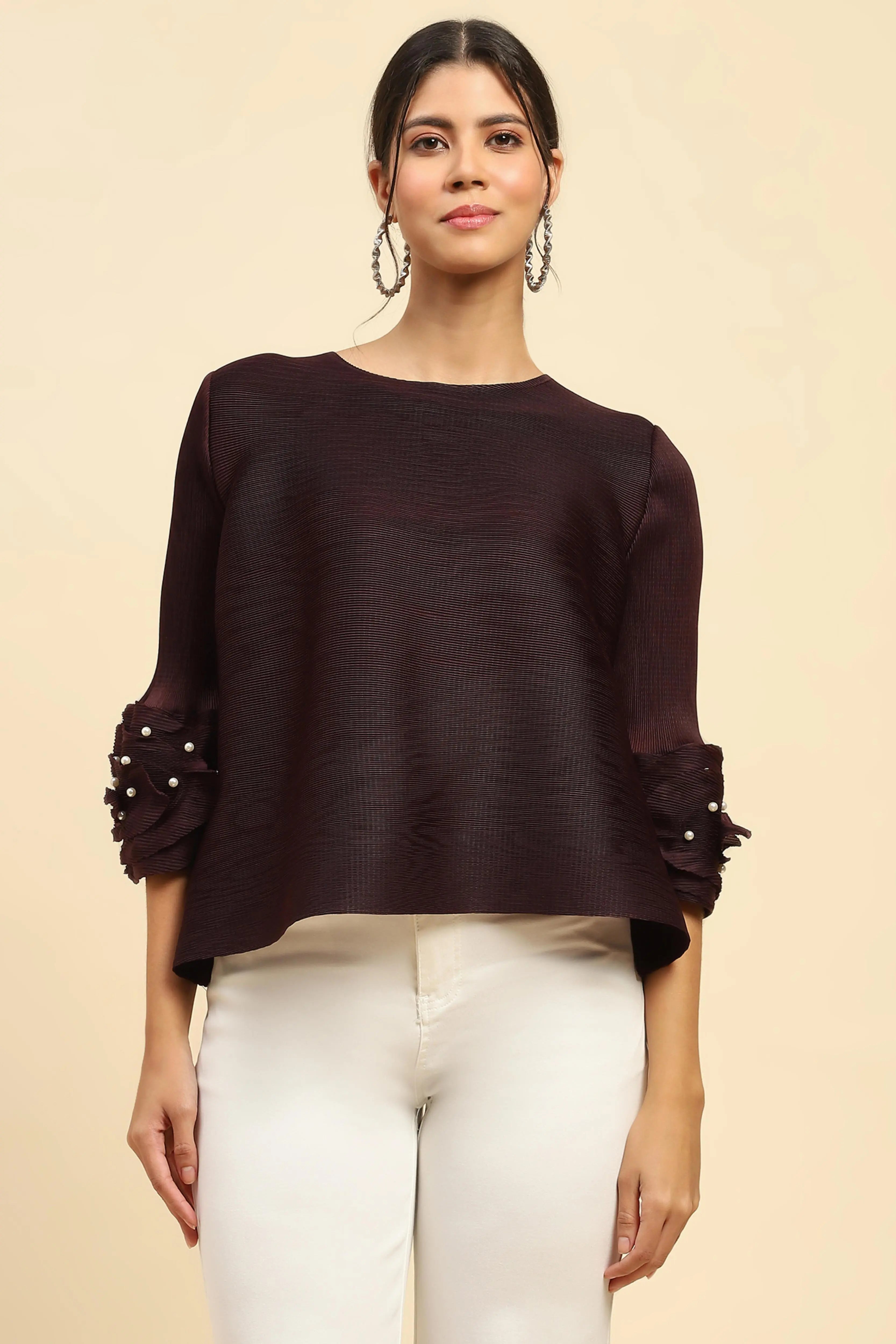 Wine Solid  Loose Fit Pleated Blouse - Global Republic