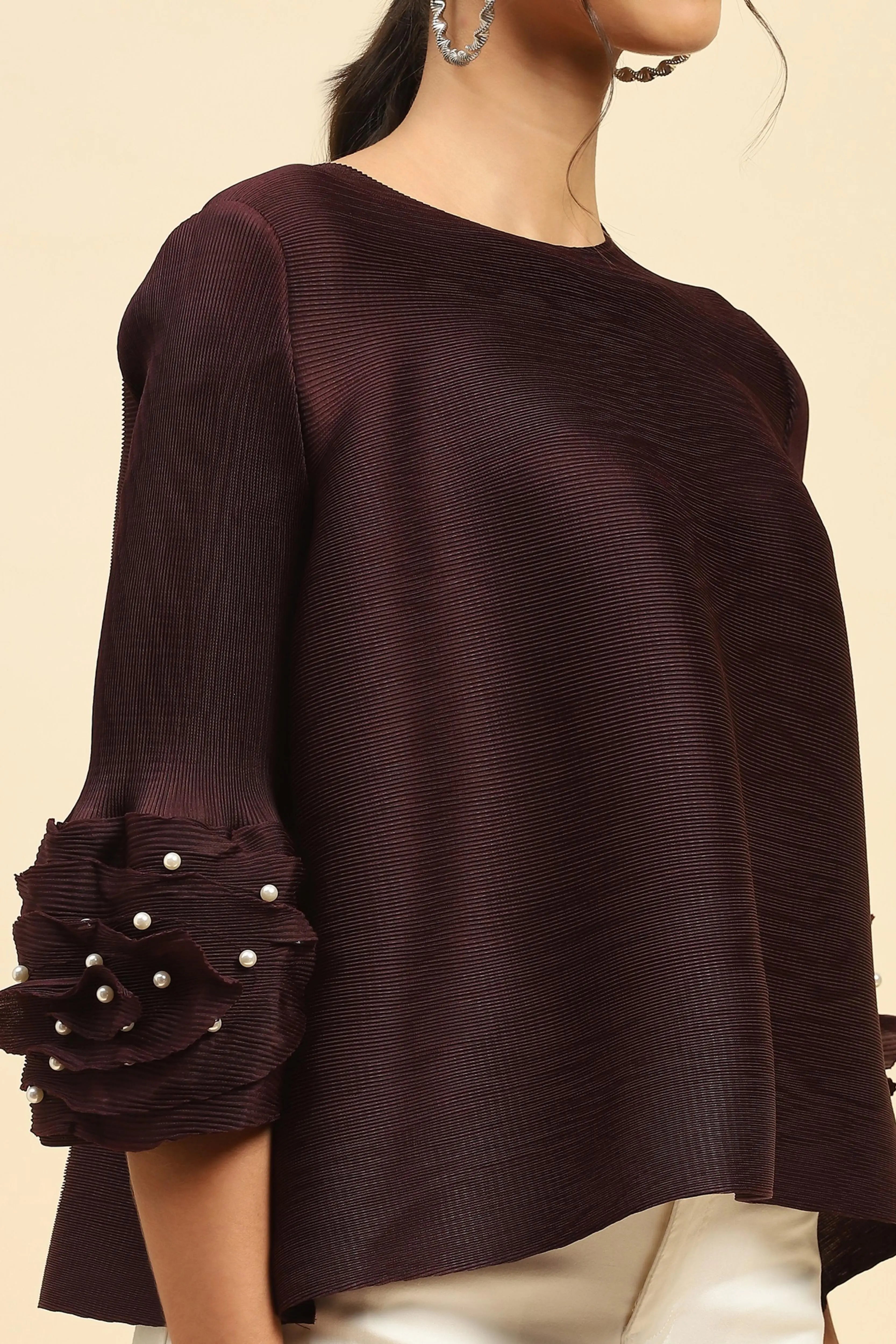 Wine Solid  Loose Fit Pleated Blouse - Global Republic