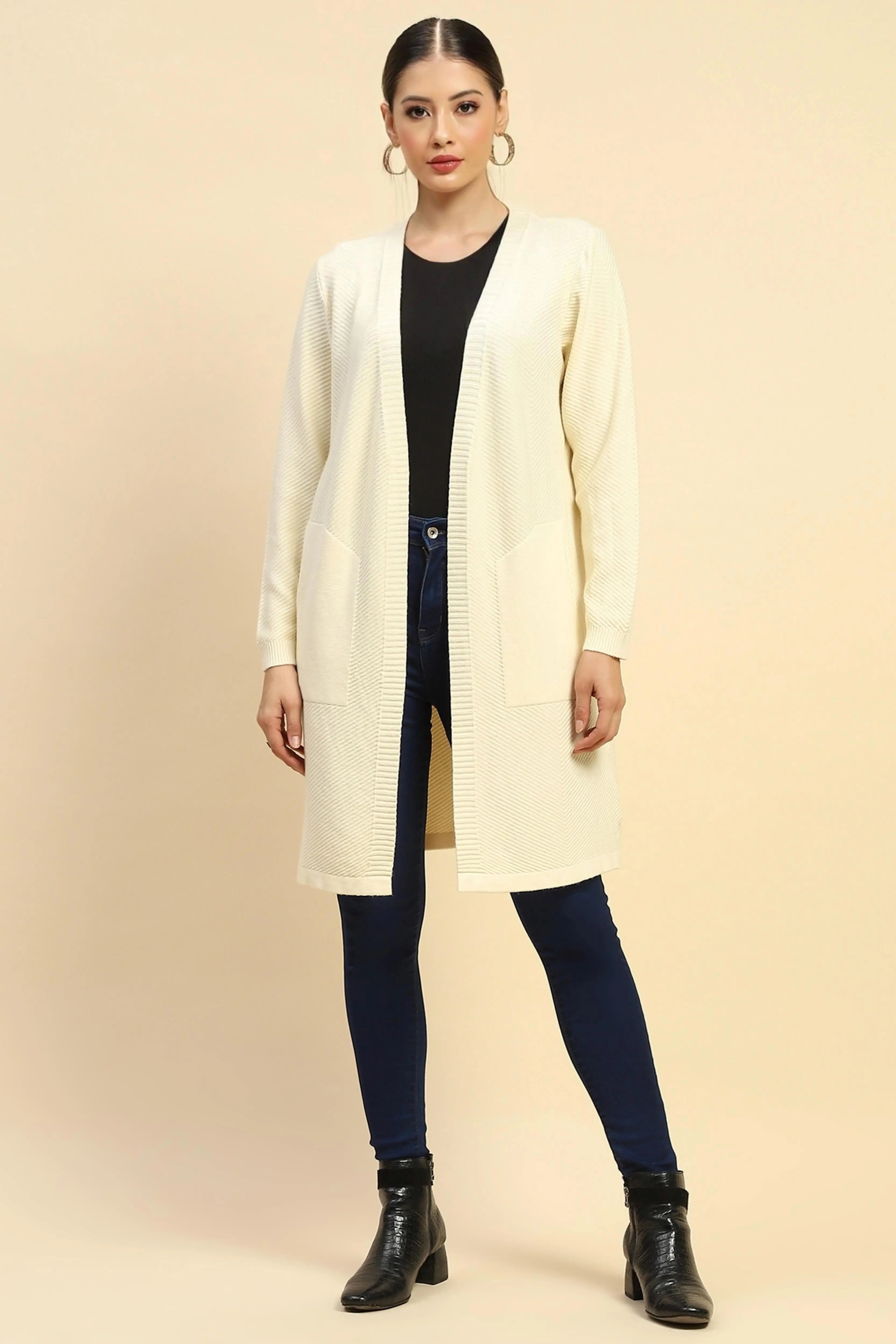 Off White  Viscose Loose Fit Winter Shrug For Women - Global Republic