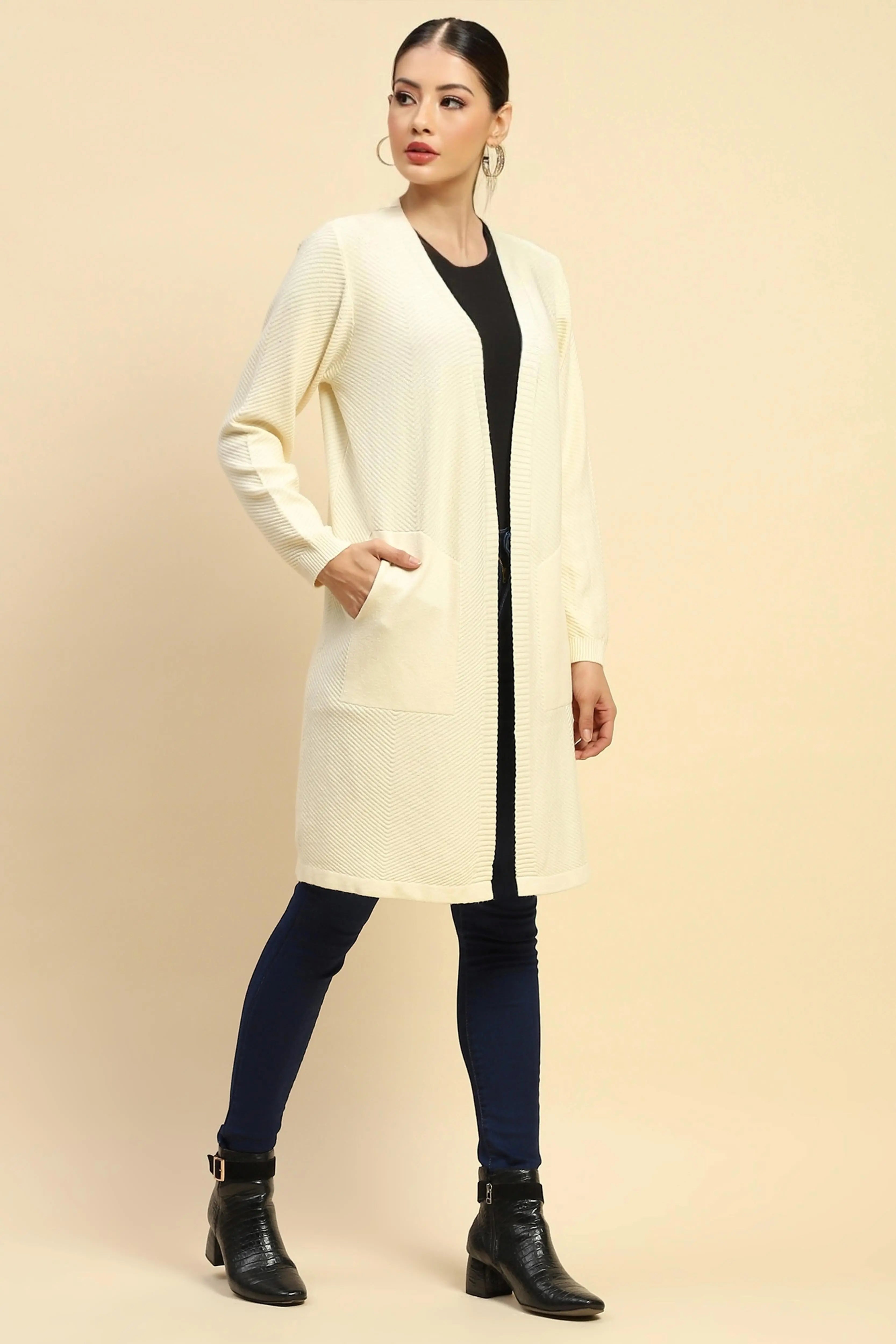 Off White  Viscose Loose Fit Winter Shrug For Women - Global Republic