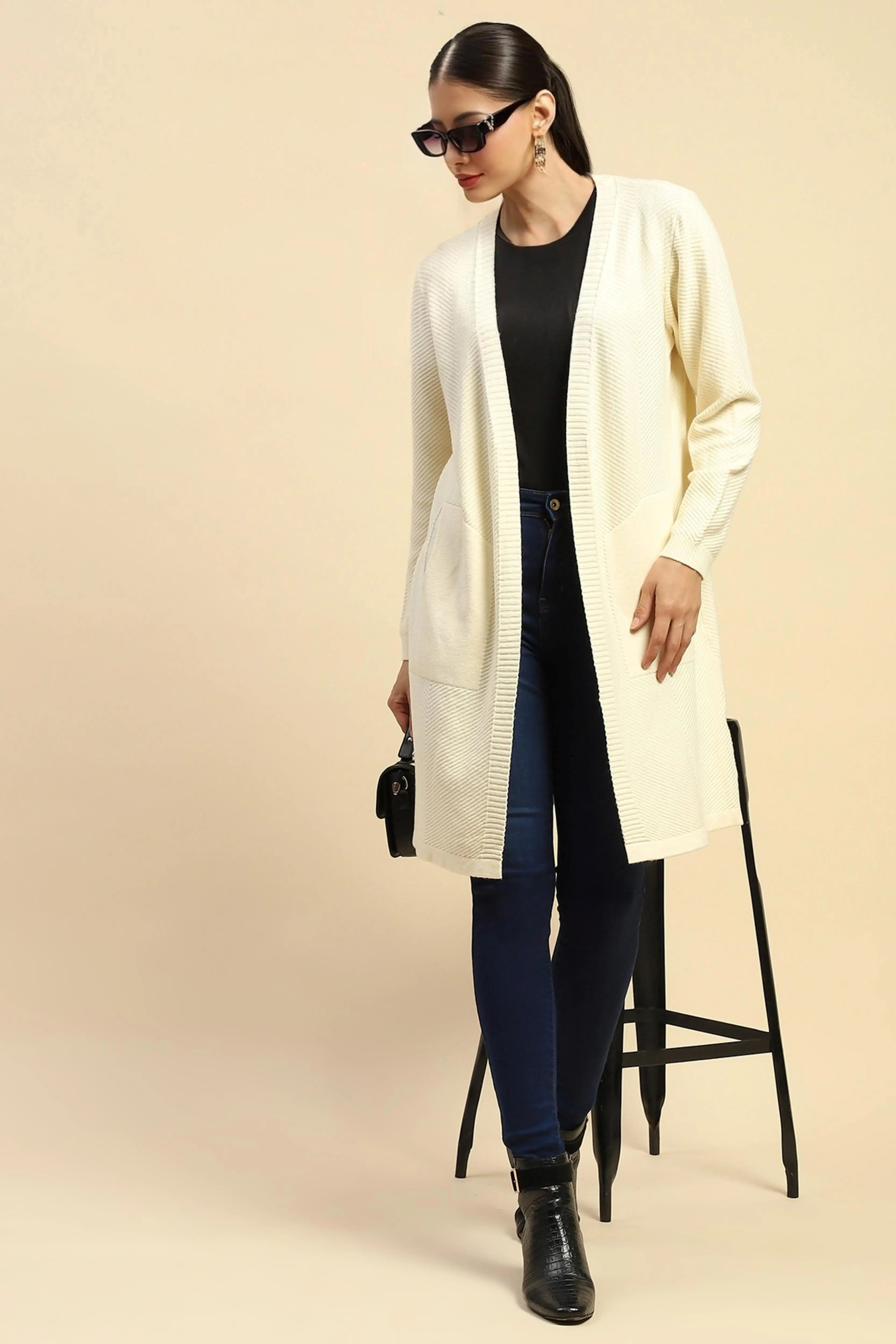 Off White  Viscose Loose Fit Winter Shrug For Women - Global Republic