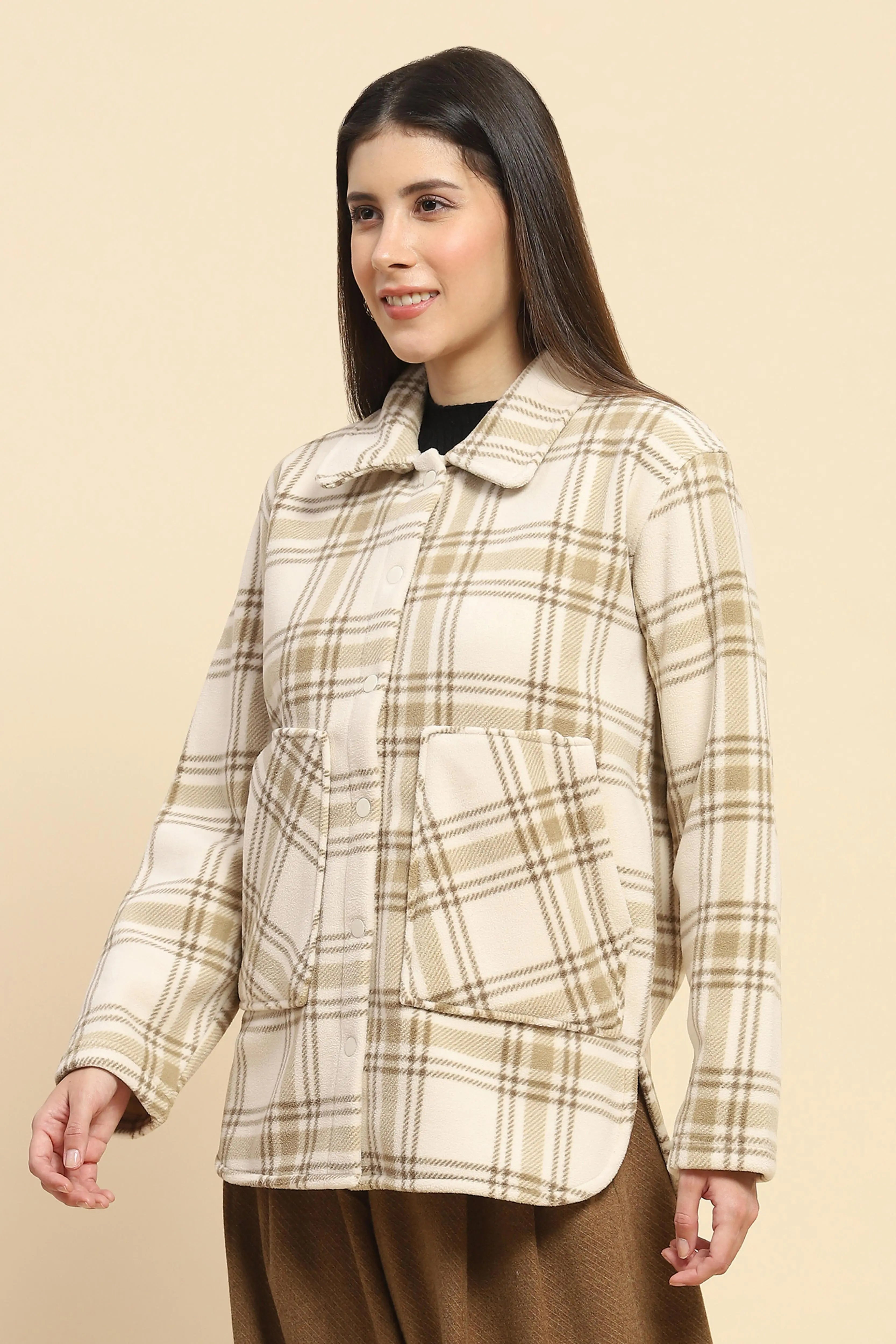 Beige Fleece Check Winter Shacket - Global Republic