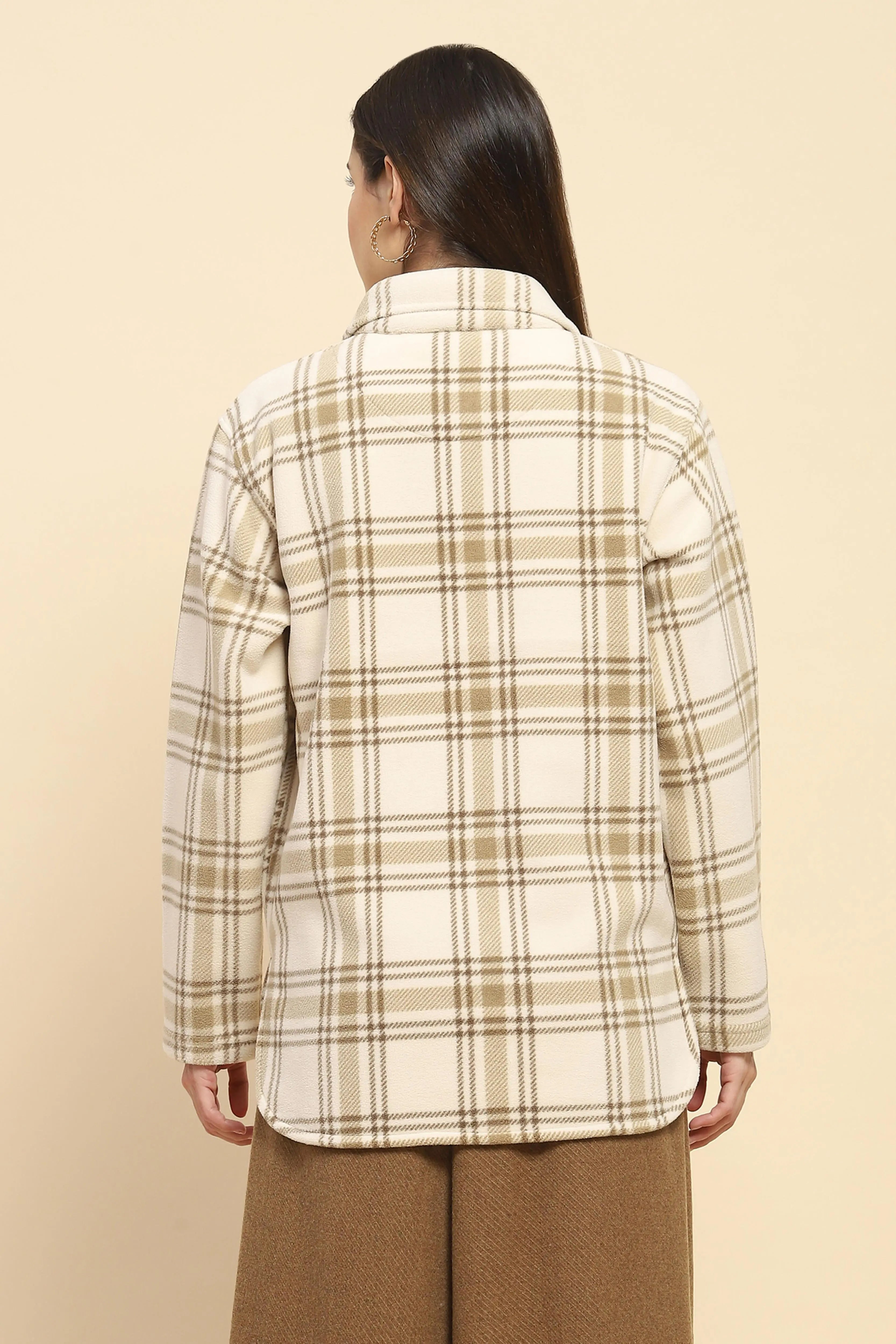 Beige Fleece Check Winter Shacket - Global Republic