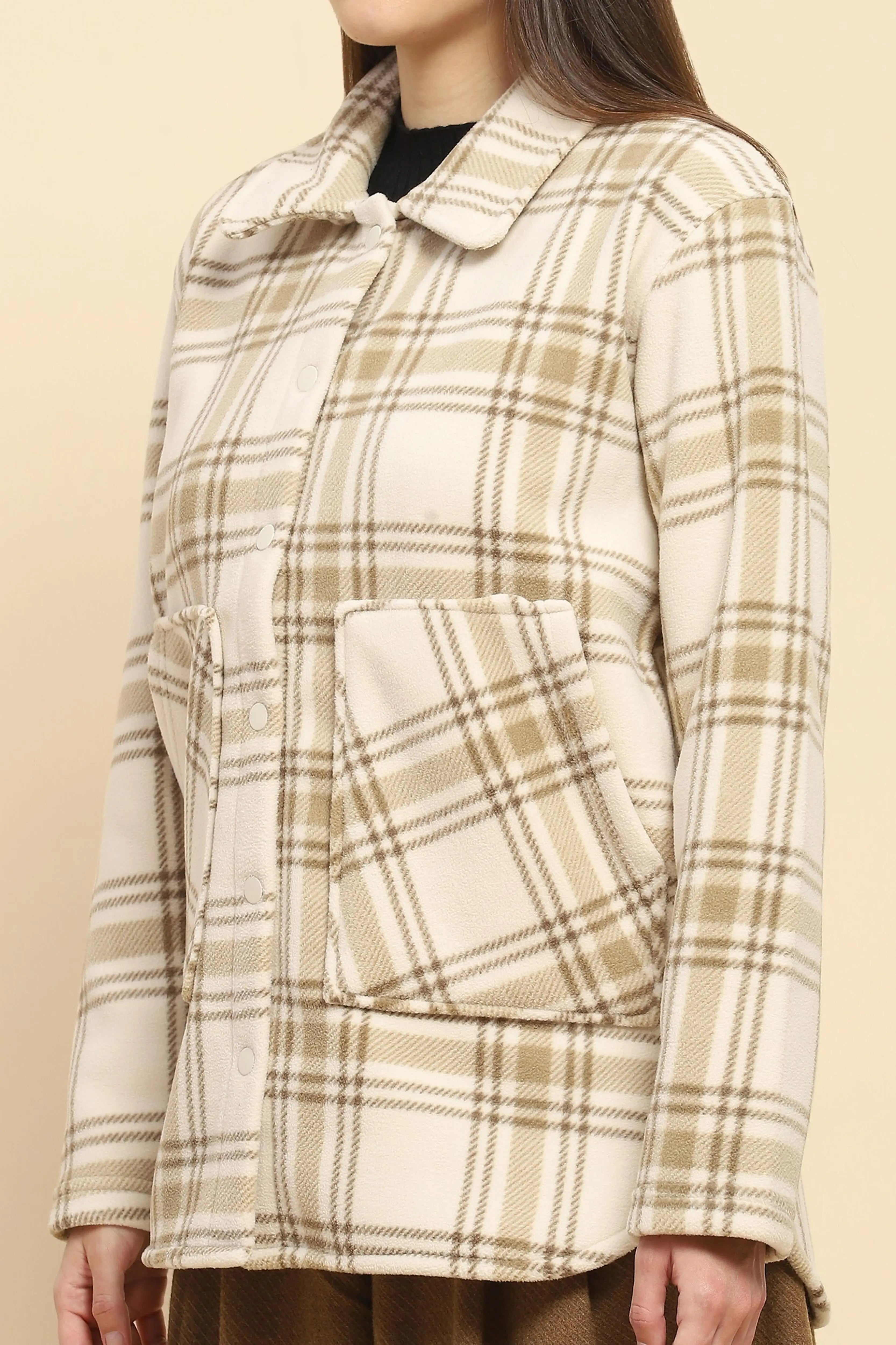 Beige Fleece Check Winter Shacket - Global Republic