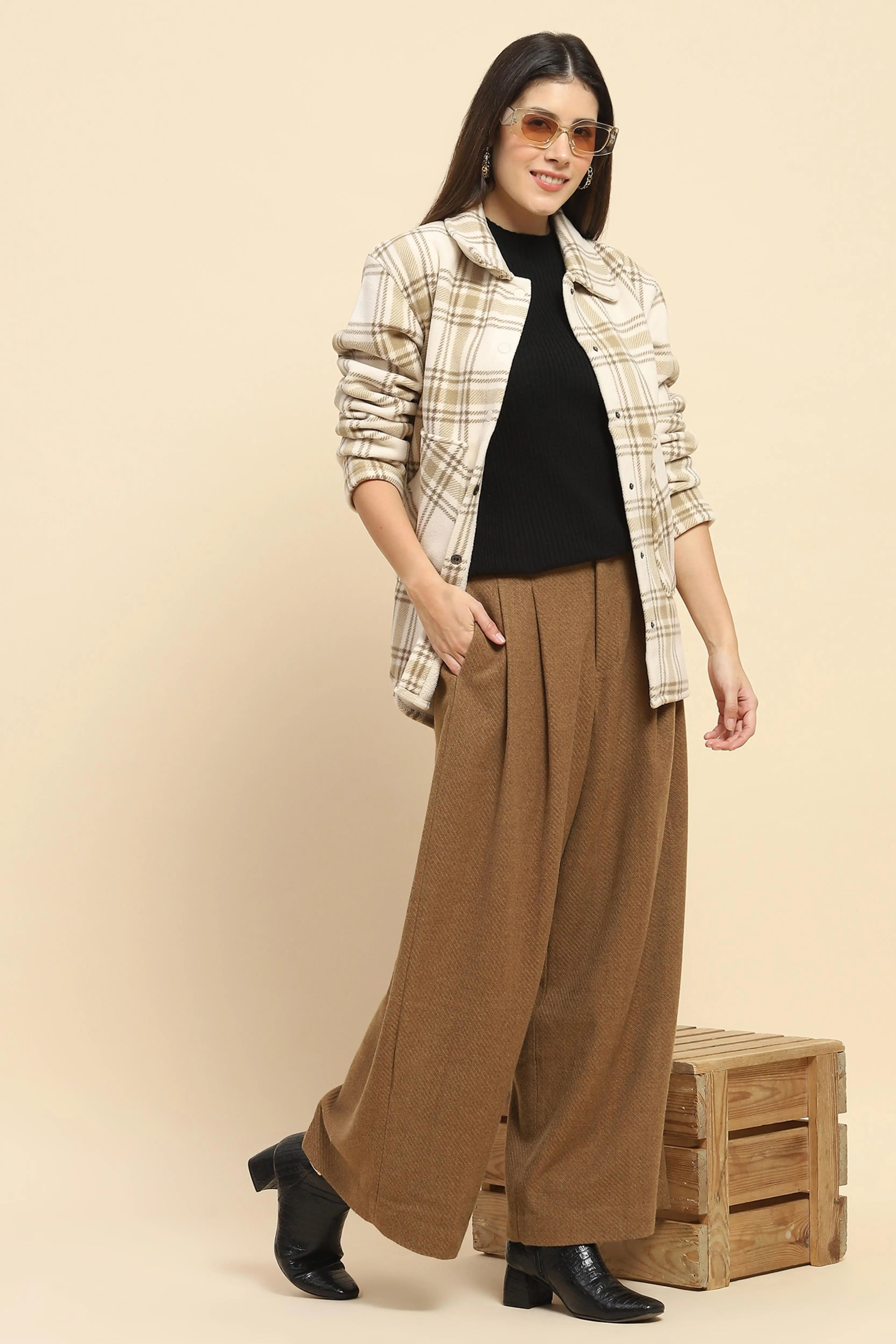 Beige Fleece Check Winter Shacket - Global Republic