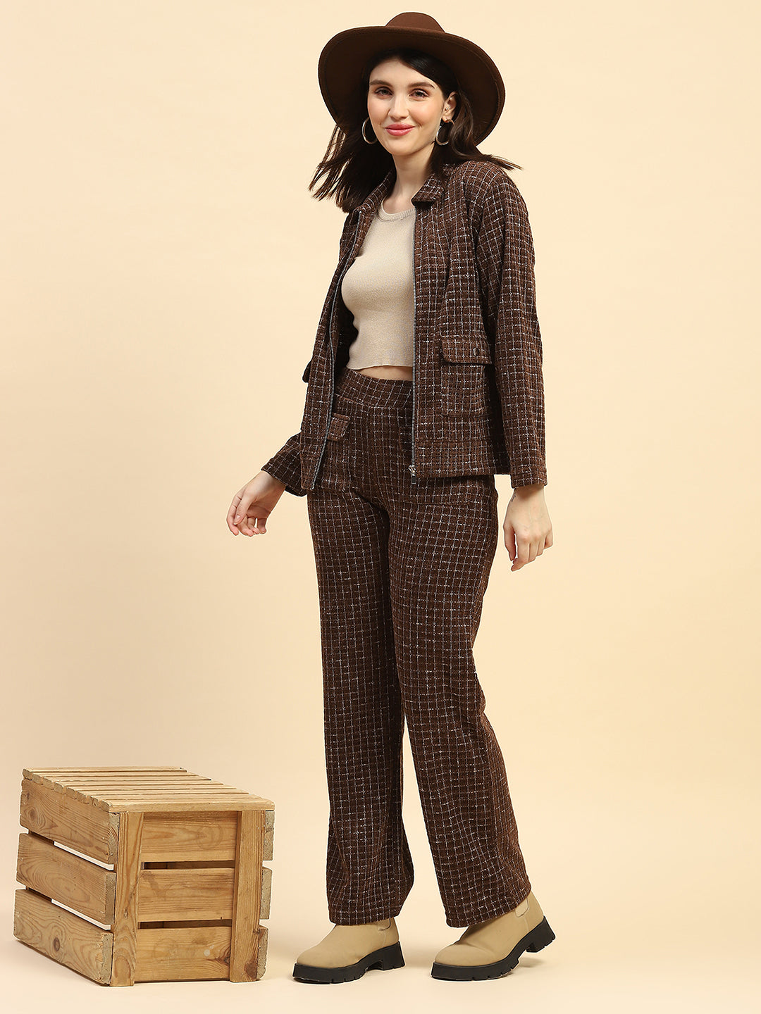 Coffee Checkered  Co ord Set - Global Republic