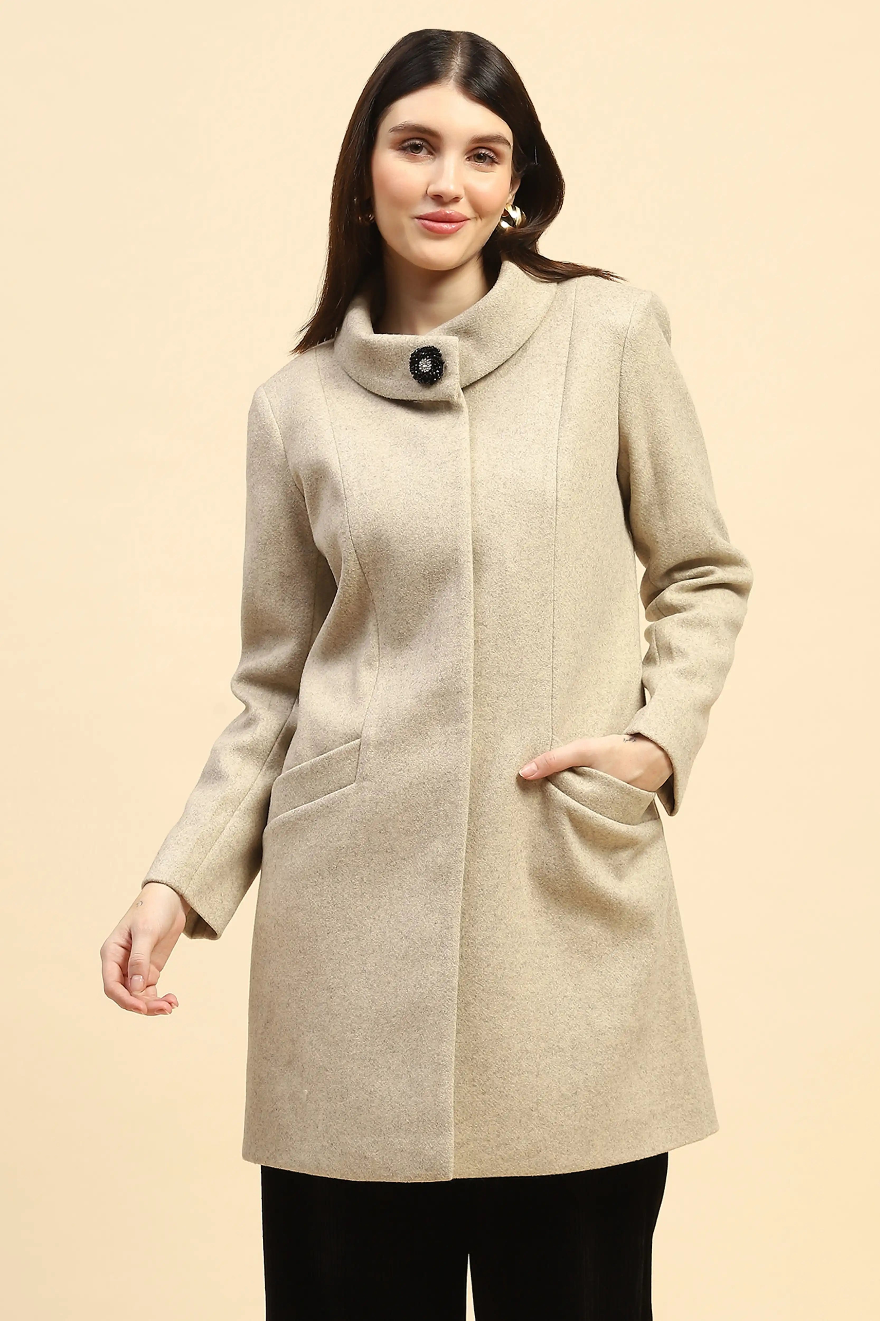 Beige Solid Long Coat