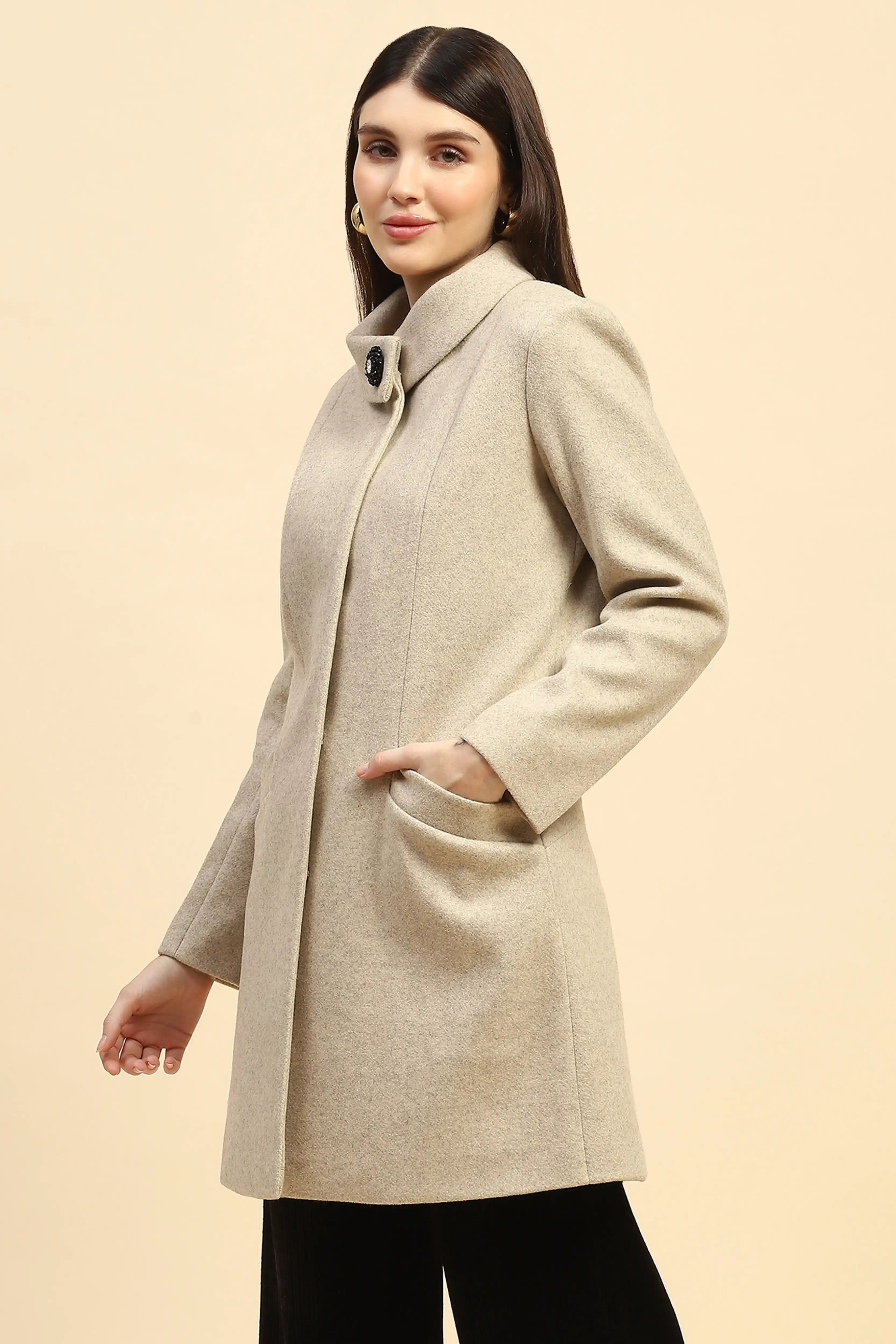 Beige Solid Long Coat