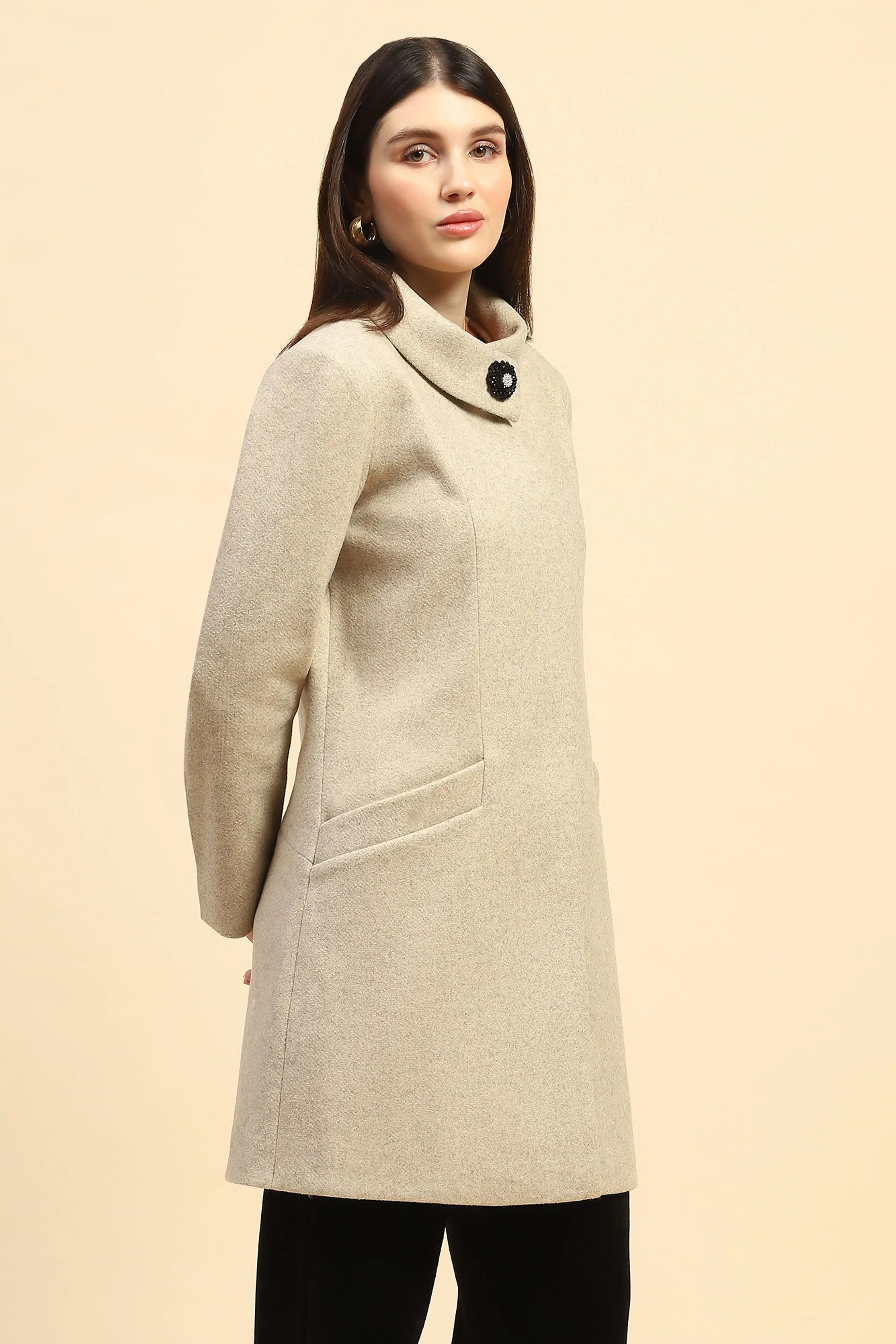 Beige Solid Long Coat