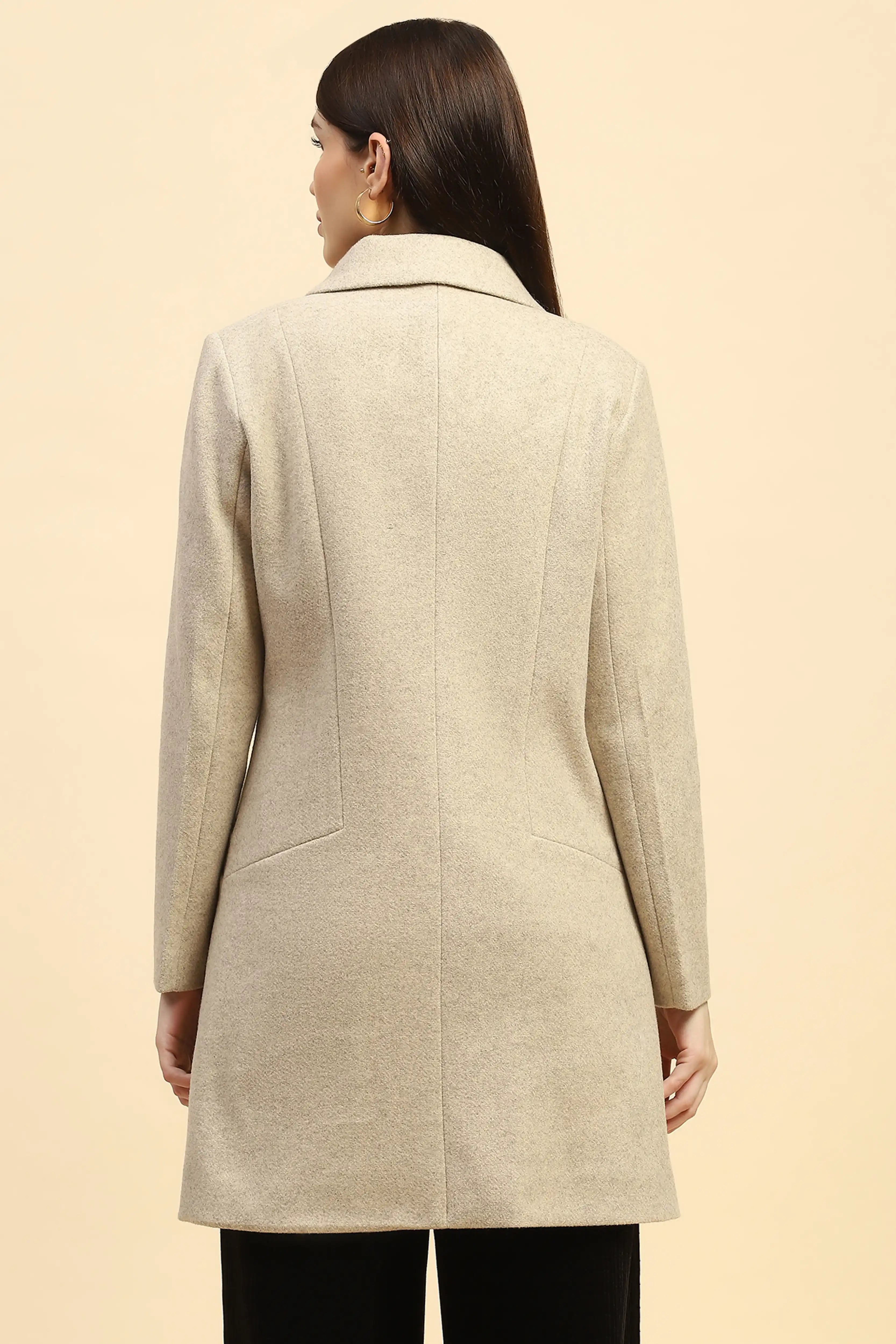 Beige Solid Long Coat