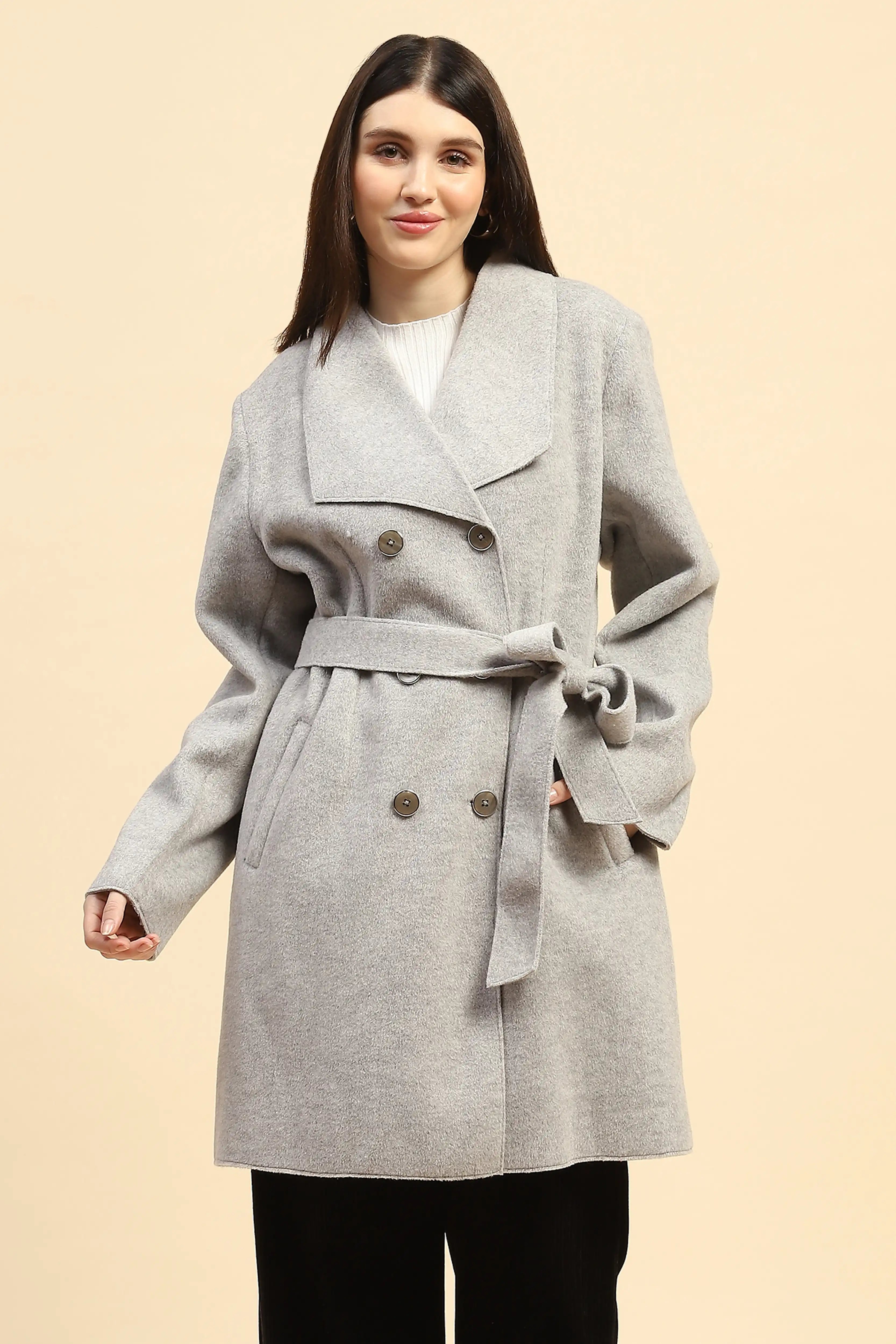 Grey Solid Viscose Long Coat