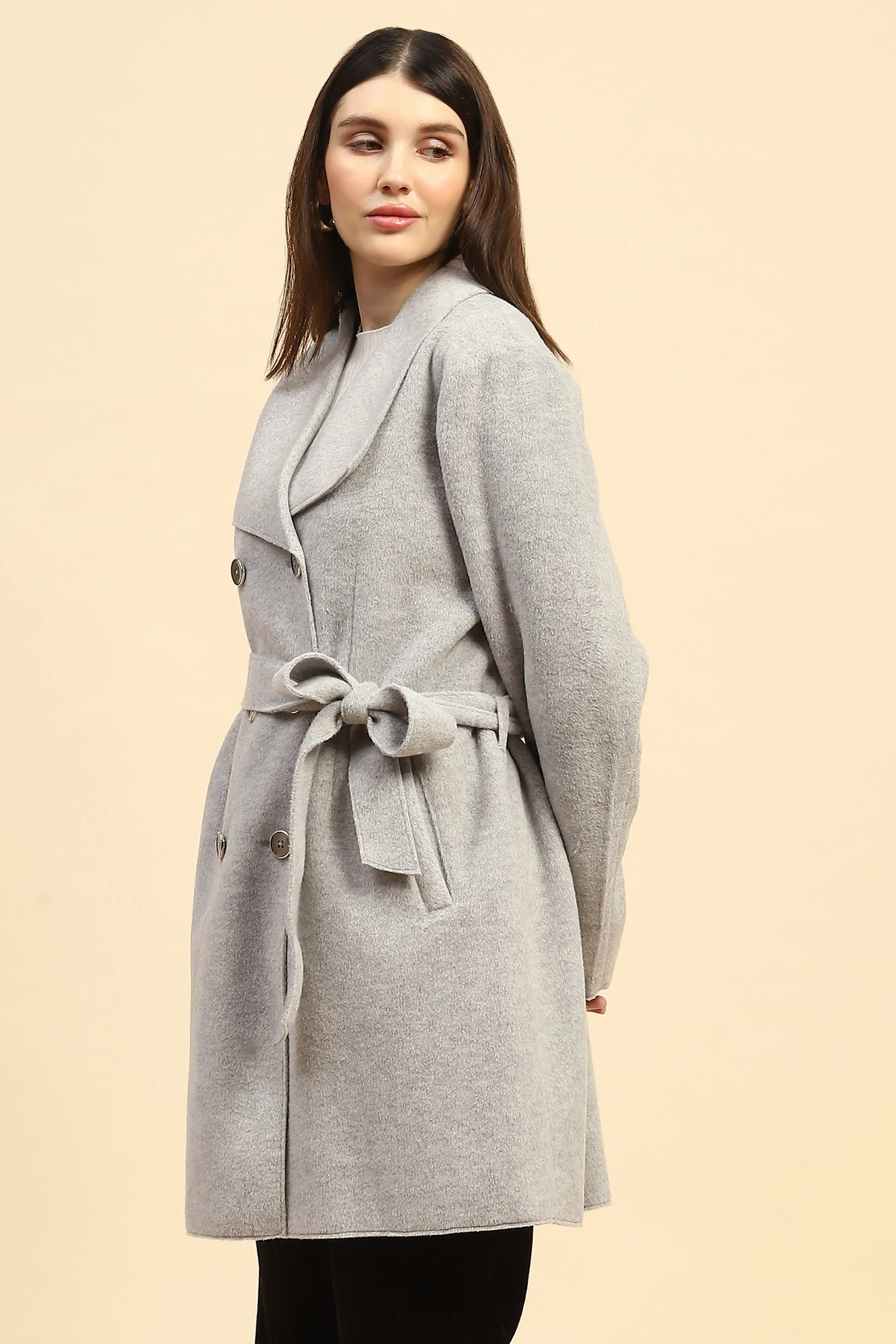 Grey Solid Viscose Long Coat