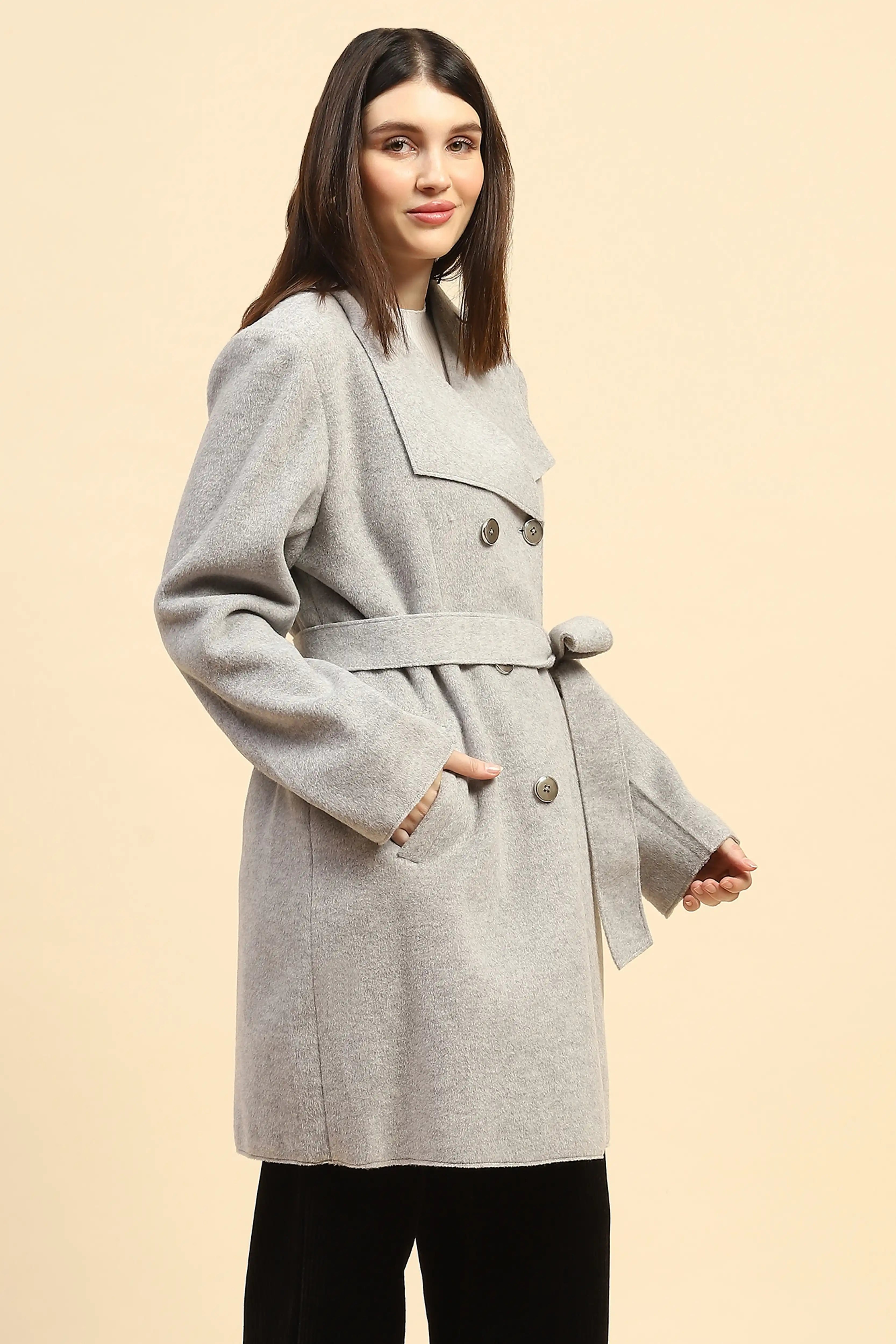 Grey Solid Viscose Long Coat
