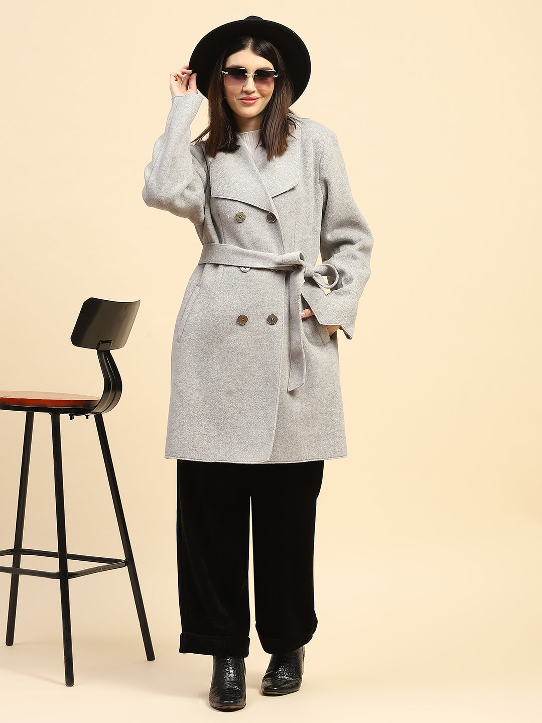 Grey Solid  Viscose Long Coat - Global Republic